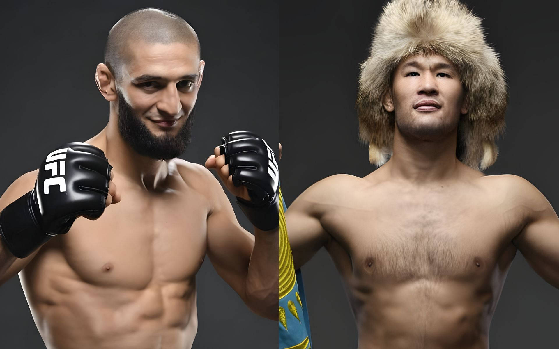 UFC 桌布 壁紙 — 兩名肌肉發達的男性拳手在深色背景前自信地擺姿勢，一人戴著UFC手套，另一人戴著毛帽。