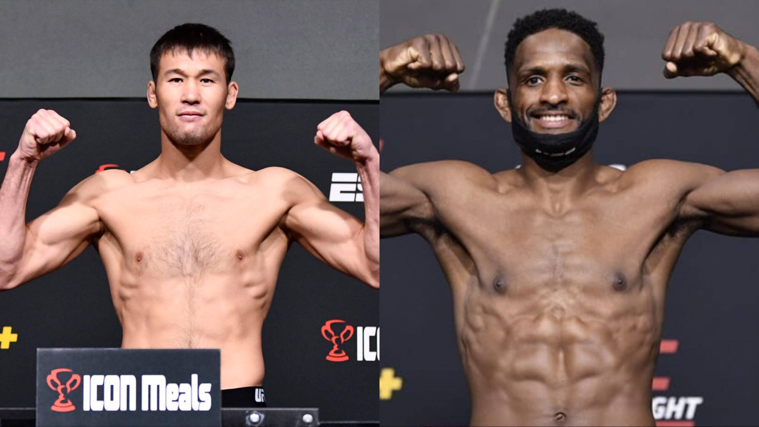 UFC 桌布 壁紙 — 兩名肌肉發達的男性拳手在秤重活動中，在贊助商標誌的背景前，於體重磅上展示手臂和胸肌。
