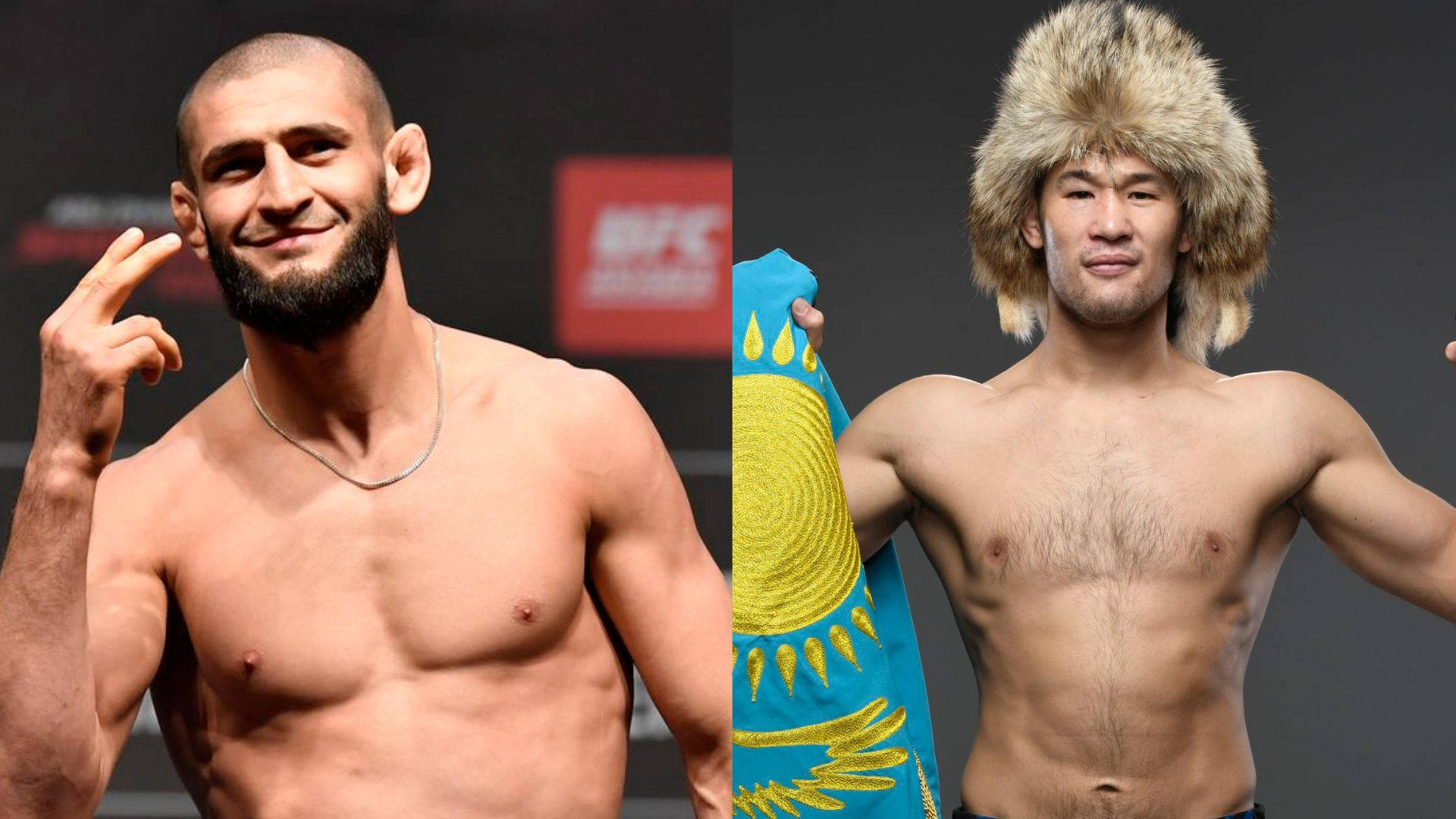 UFC 桌布 壁紙 — 兩名肌肉發達的男性拳手在稱重時赤裸上身擺姿勢，一人戴著毛帽手持哈薩克國旗，另一人做出和平手勢。