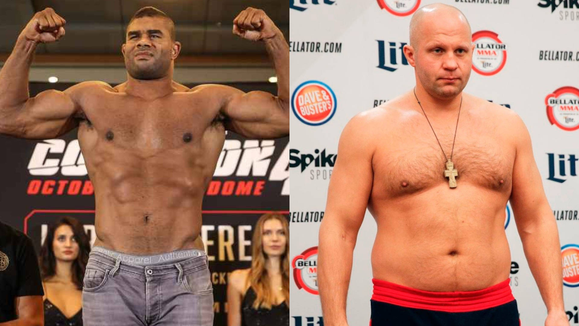 UFC 桌布 壁紙 — 兩名肌肉發達的男性拳手在稱重活動中赤裸上身擺姿勢，背景有品牌背景板和女性工作人員。