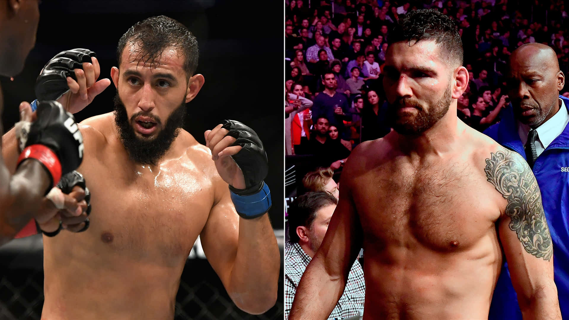 MMA 桌布 壁紙 — 兩名肌肉發達的男性拳手在籠中，汗水在皮膚上閃閃發光，表情激烈，正在進行綜合格鬥比賽。