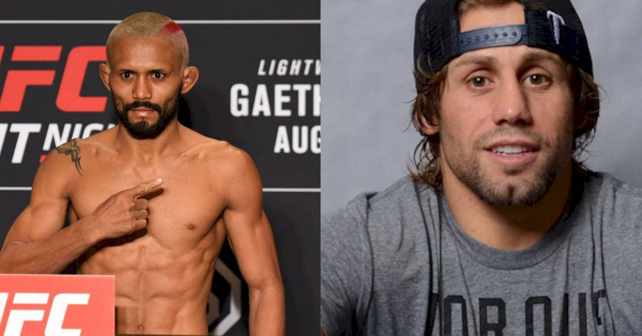 UFC 桌布 壁紙 — 兩名肌肉發達的男性拳手擺姿勢拍照，一人赤裸上身指著胸口，另一人穿著休閒服戴著帽子。
