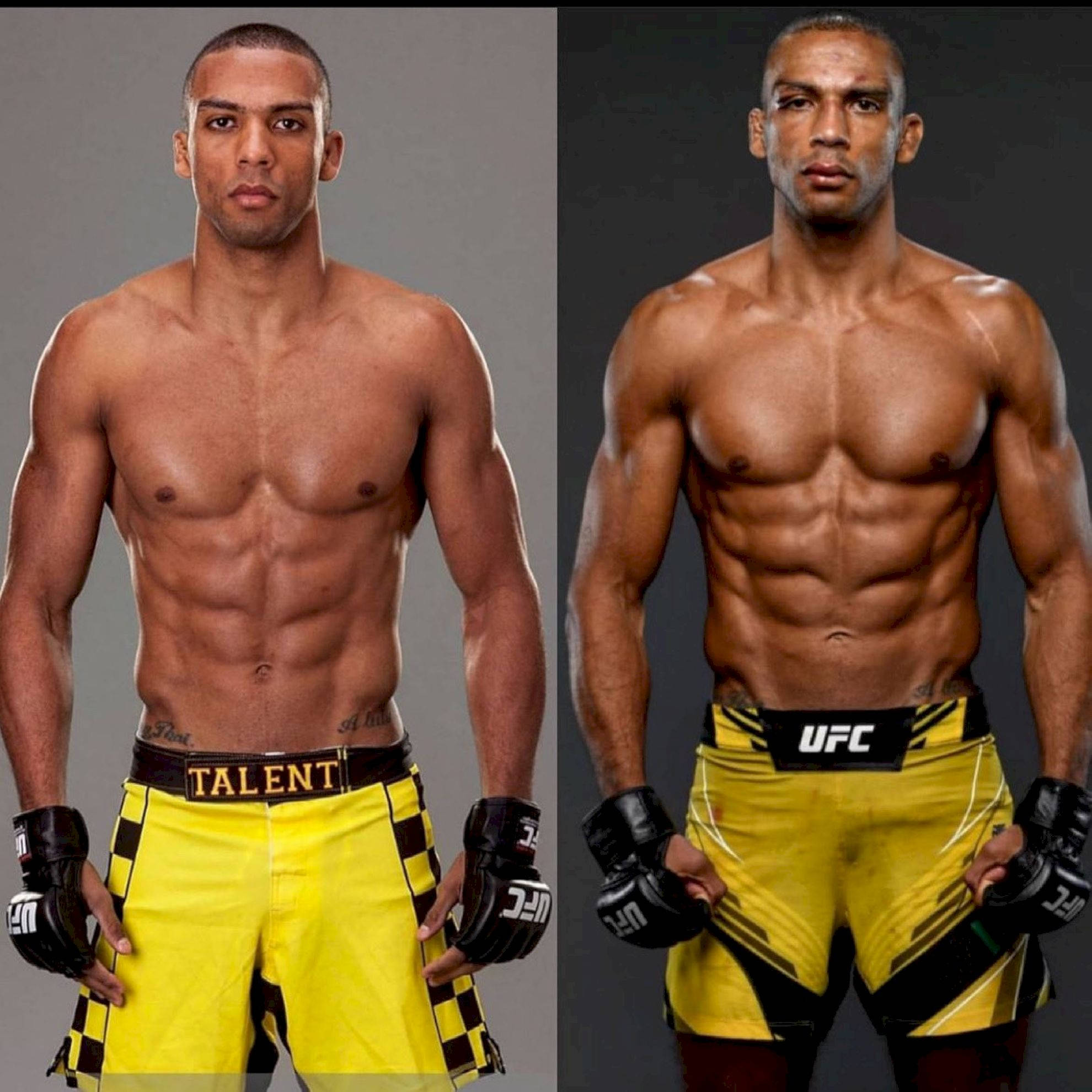 MMA 桌布 壁紙 — 兩名肌肉發達的男性拳手穿著黃色和黑色的UFC短褲，在灰色和黑色的攝影棚背景前自信地擺姿勢。