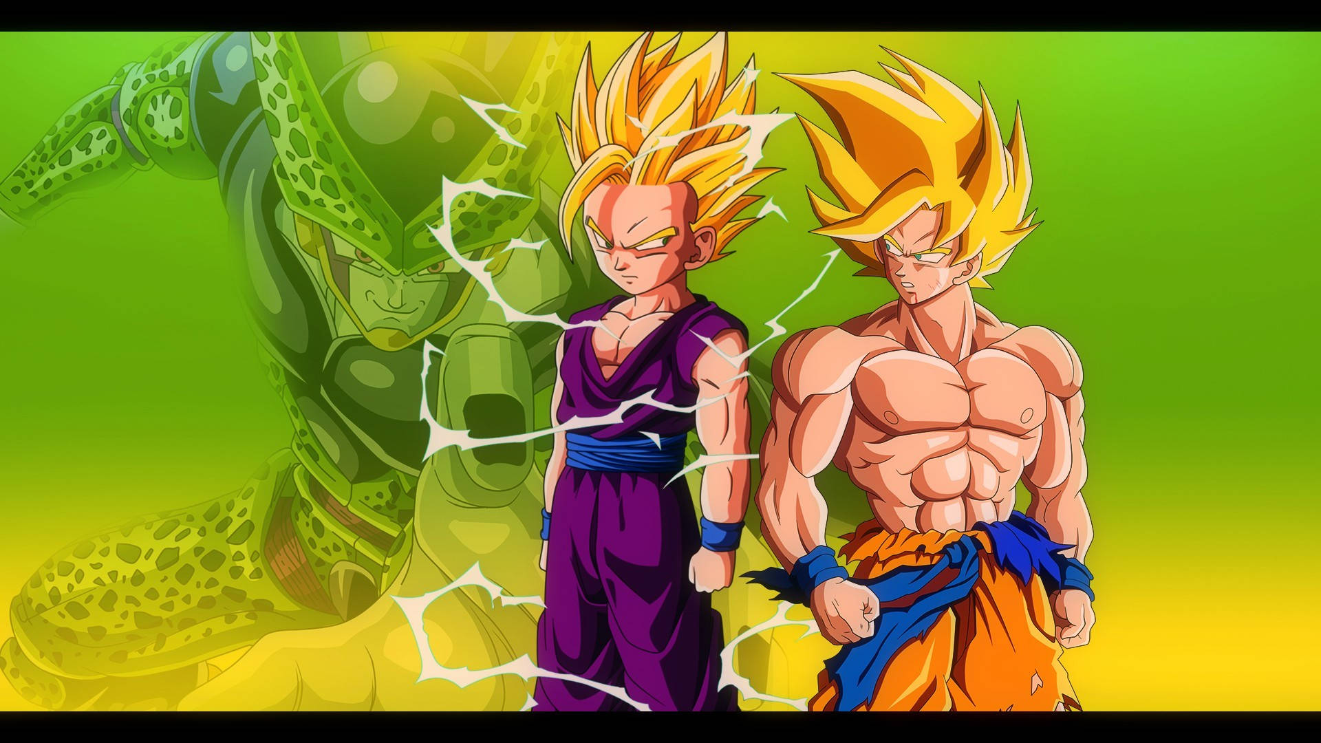 Gohan 桌布 壁紙 — 兩名肌肉發達的超級賽亞人戰士挑釁地站立，閃電在他們周圍劈啪作響，背景是綠色和黃色的漸變，身後有一個迫近的綠色外星人。