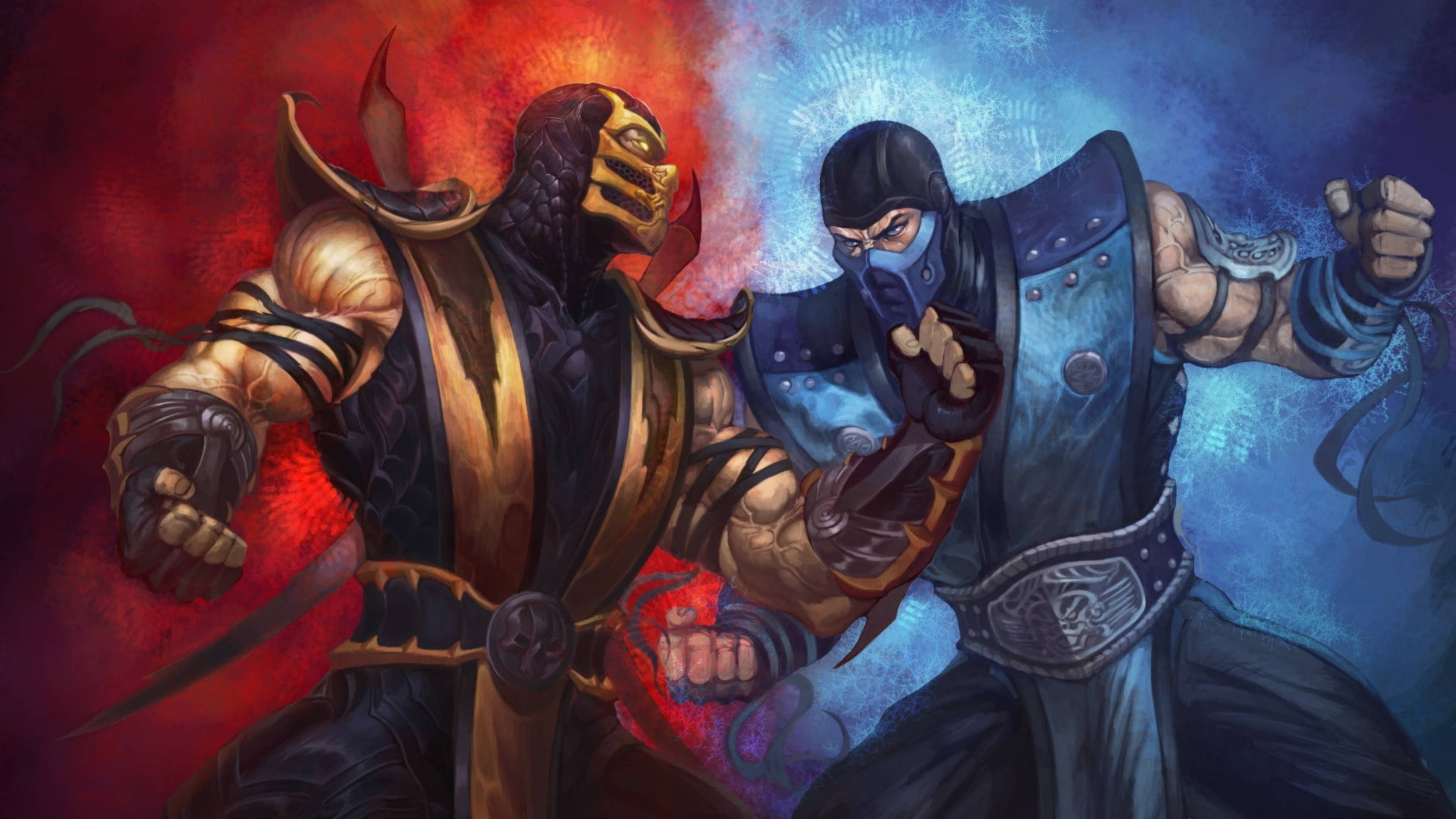 mortal kombat scorpion vs sub zero 桌布 壁紙 — 兩名肌肉發達的面具戰士在火紅與冰藍的戰鬥場景中碰撞，伴隨著動態能量效果。