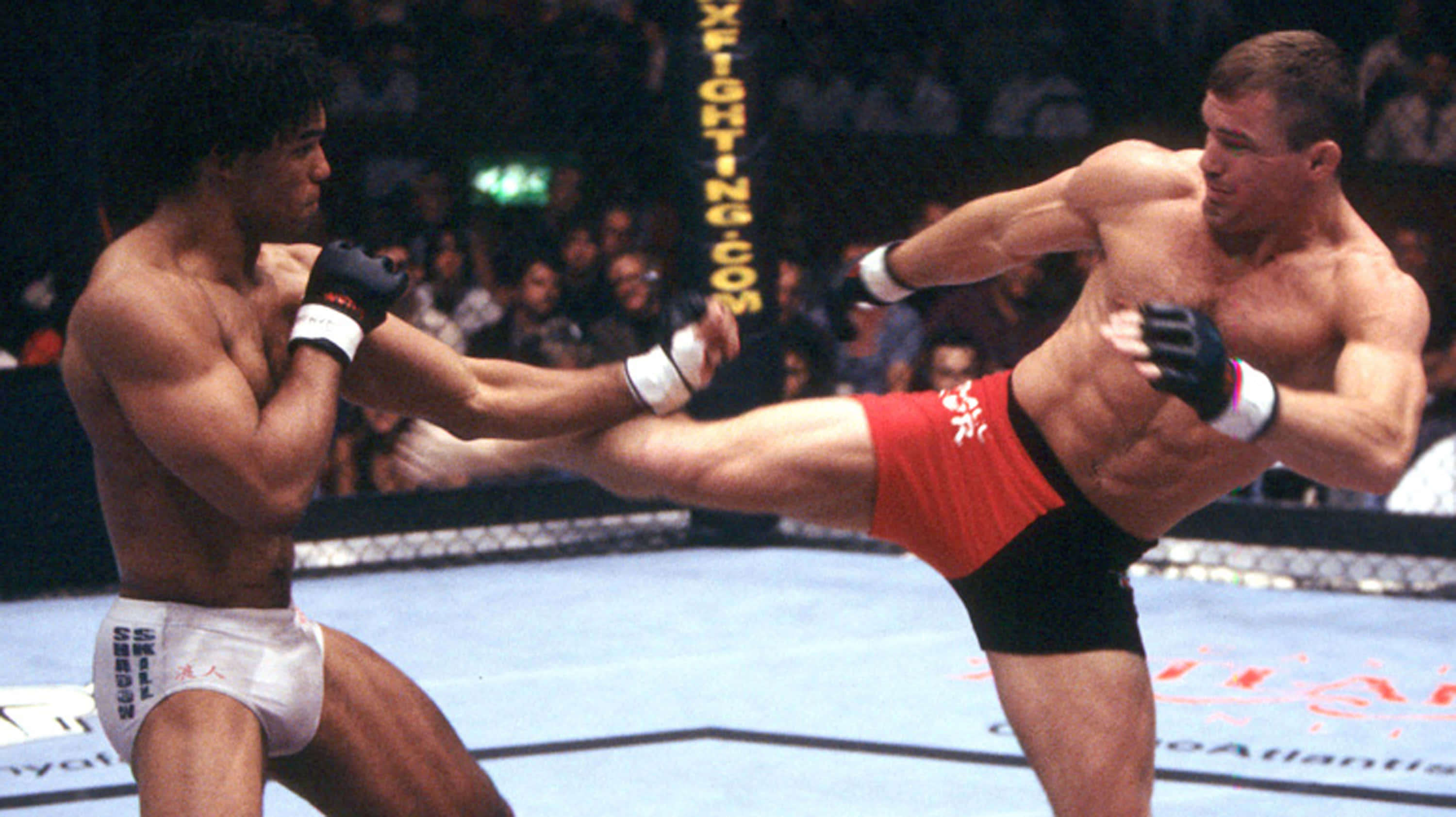 UFC 桌布 壁紙 — 兩名肌肉發達的鬥士在籠中交鋒，一人使出高踢，另一人在擁擠的競技場中格擋。