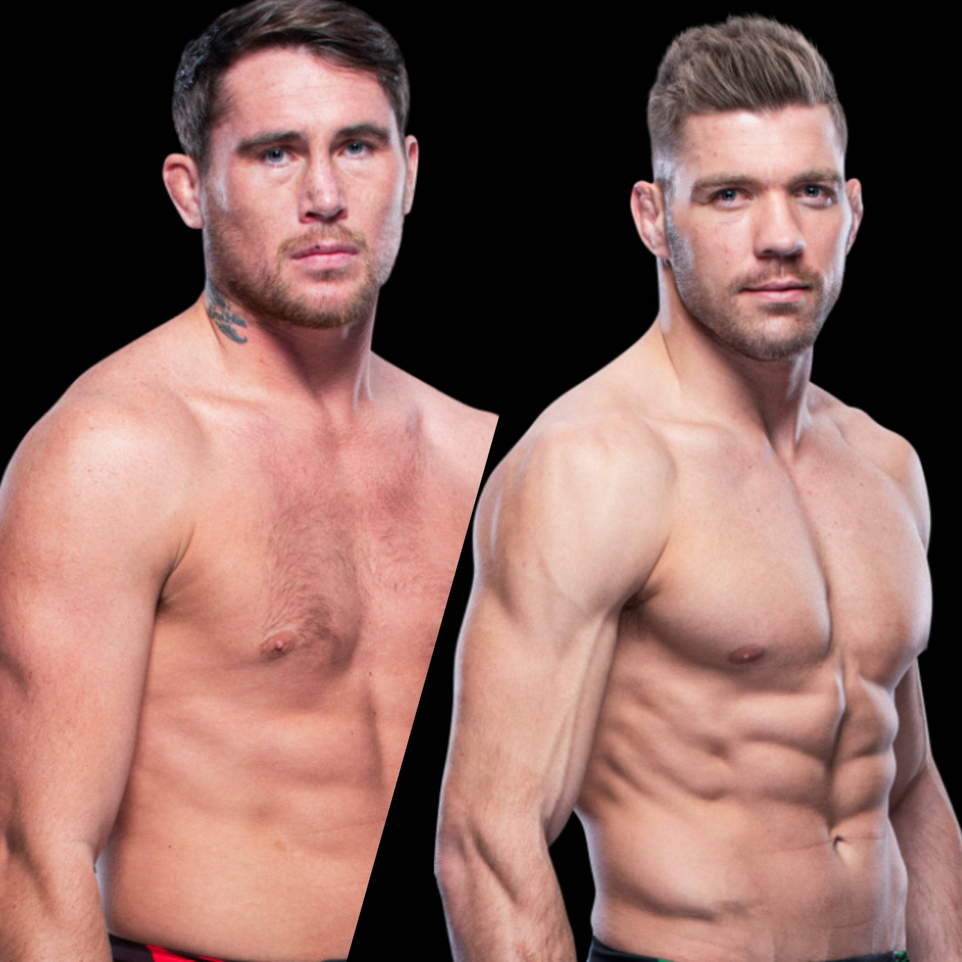 UFC 桌布 壁紙 — 兩名肌肉線條分明的男子在黑色背景前擺姿勢，他們銳利的目光和運動員般的身材在攝影棚燈光下格外突出。