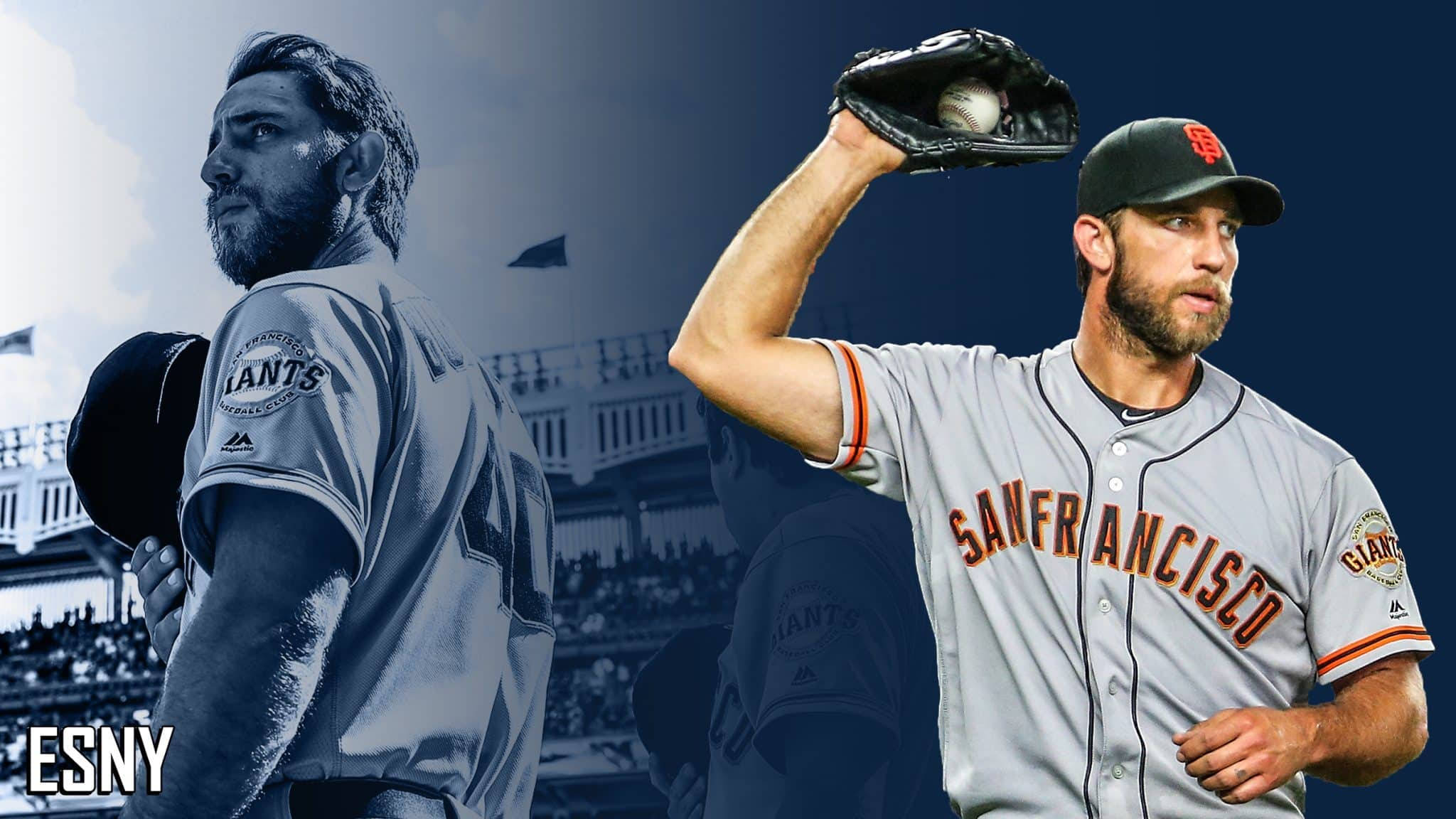 madison bumgarner 桌布 壁紙 — 兩名舊金山巨人隊棒球選手正在比賽中，一人戴手套投球，另一人站在球場背景中。