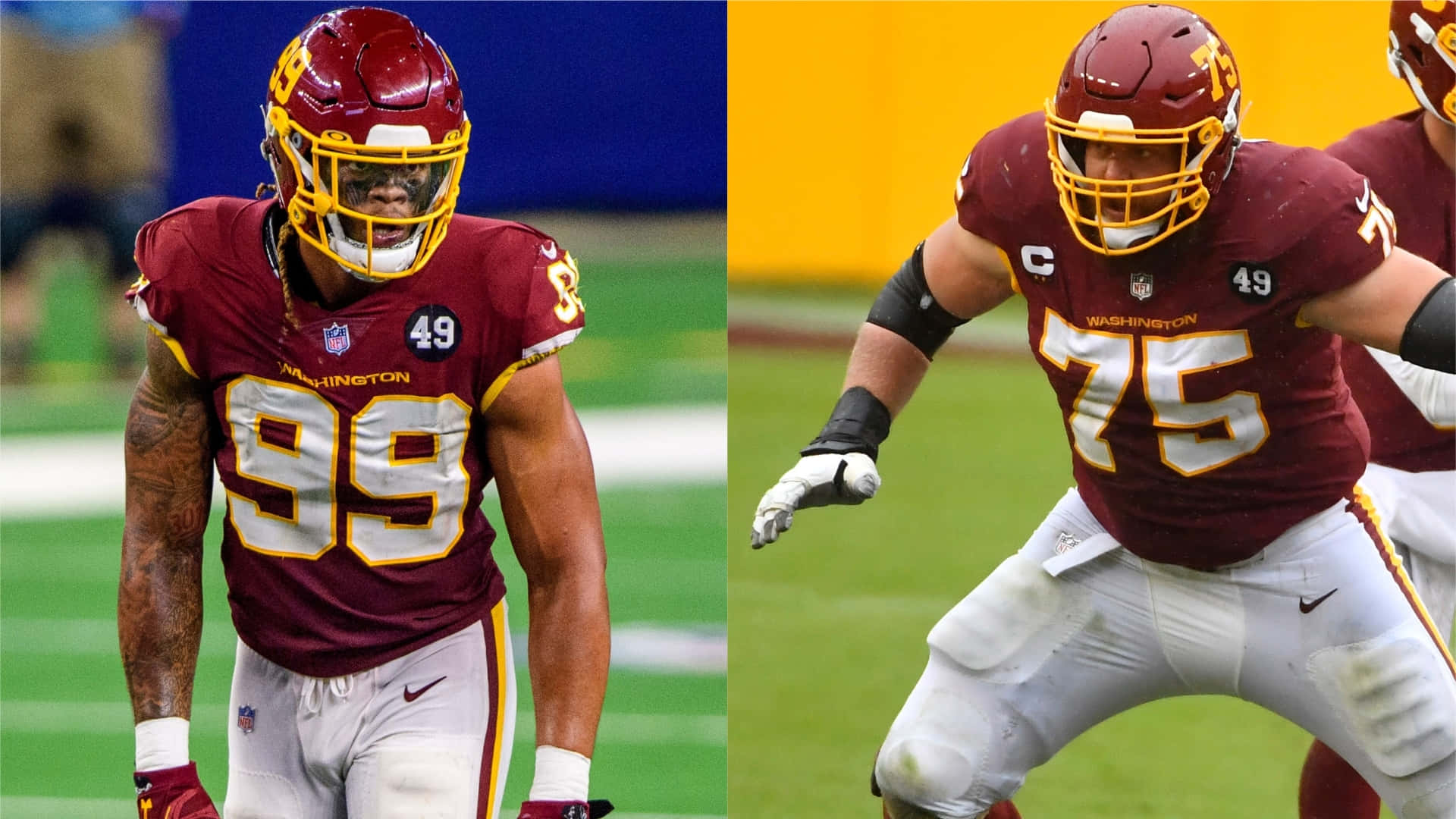 Washington Football 桌布 壁紙 — 兩名華盛頓美式足球隊球員身穿栗色球衣，在綠色球場上擺姿勢，一人莊嚴站立，另一人擺出動態防守姿勢。