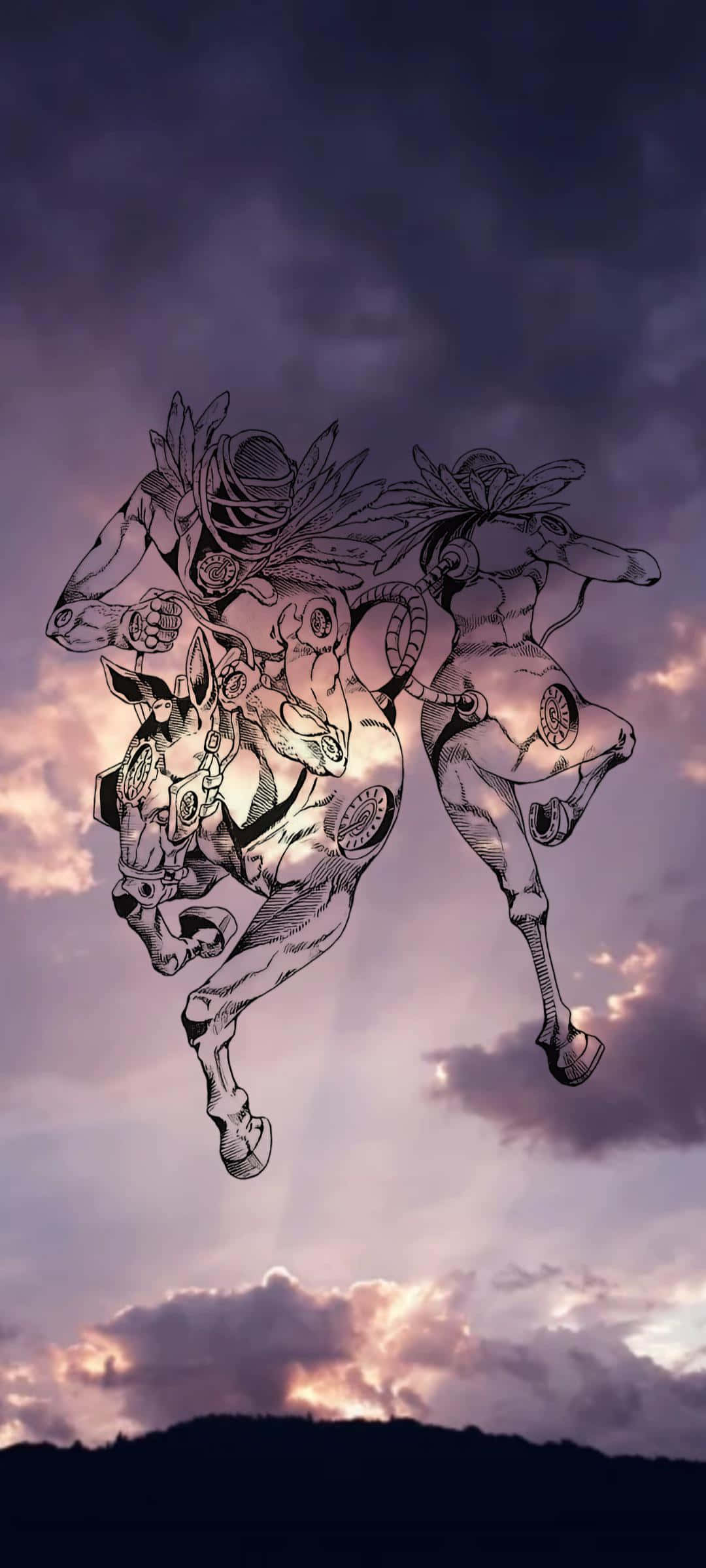 日落 桌布 壁紙 — 兩名華麗裝甲騎士騎著機械馬，在帶有戲劇性雲彩的暮色天空中翱翔。