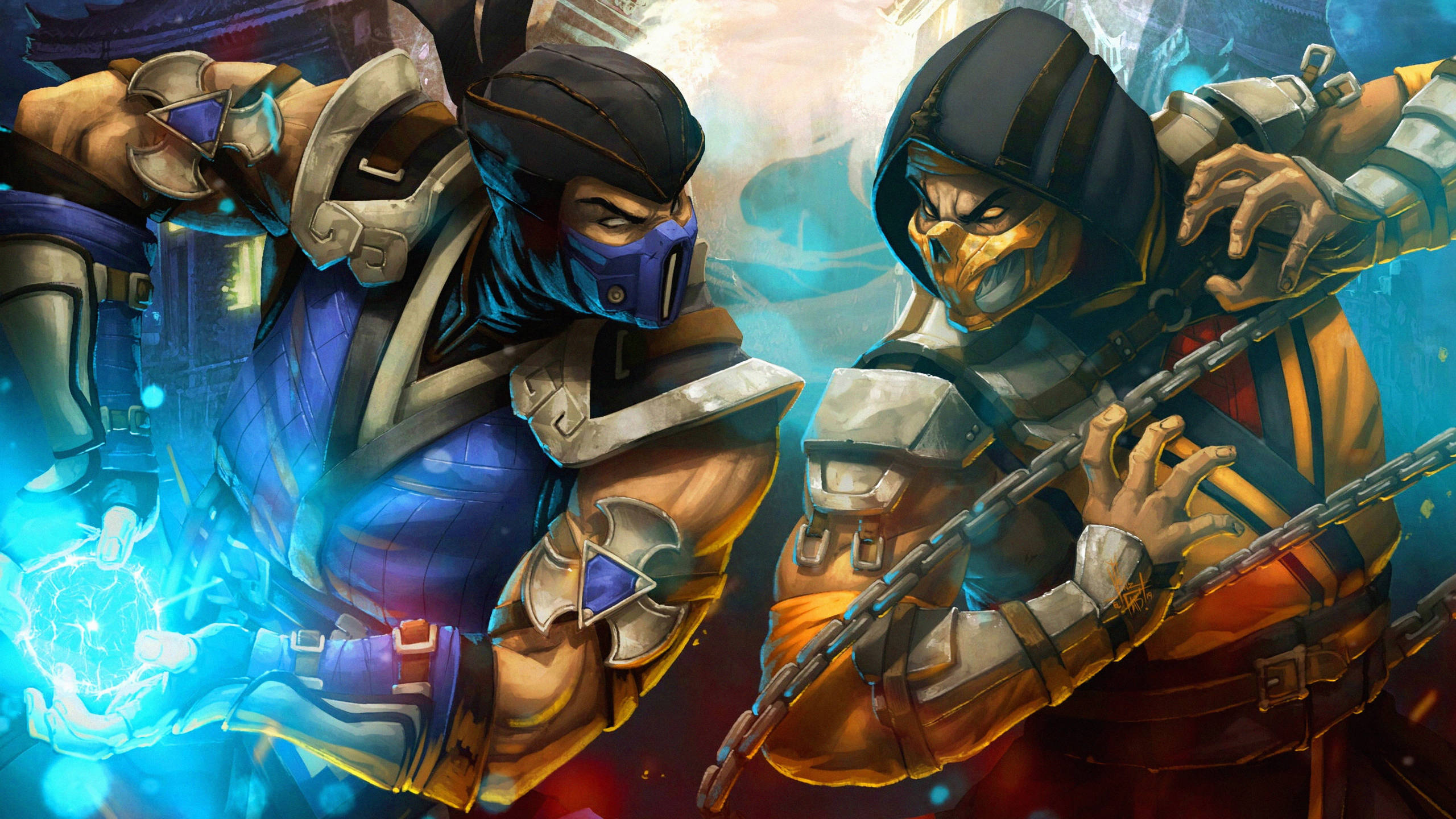 Sub-zero 桌布 壁紙 — 兩名蒙面戰士在動態的數位戰鬥中交鋒，一人揮舞鎖鏈，另一人使用發光能量，背景是充滿活力的奇幻設定。