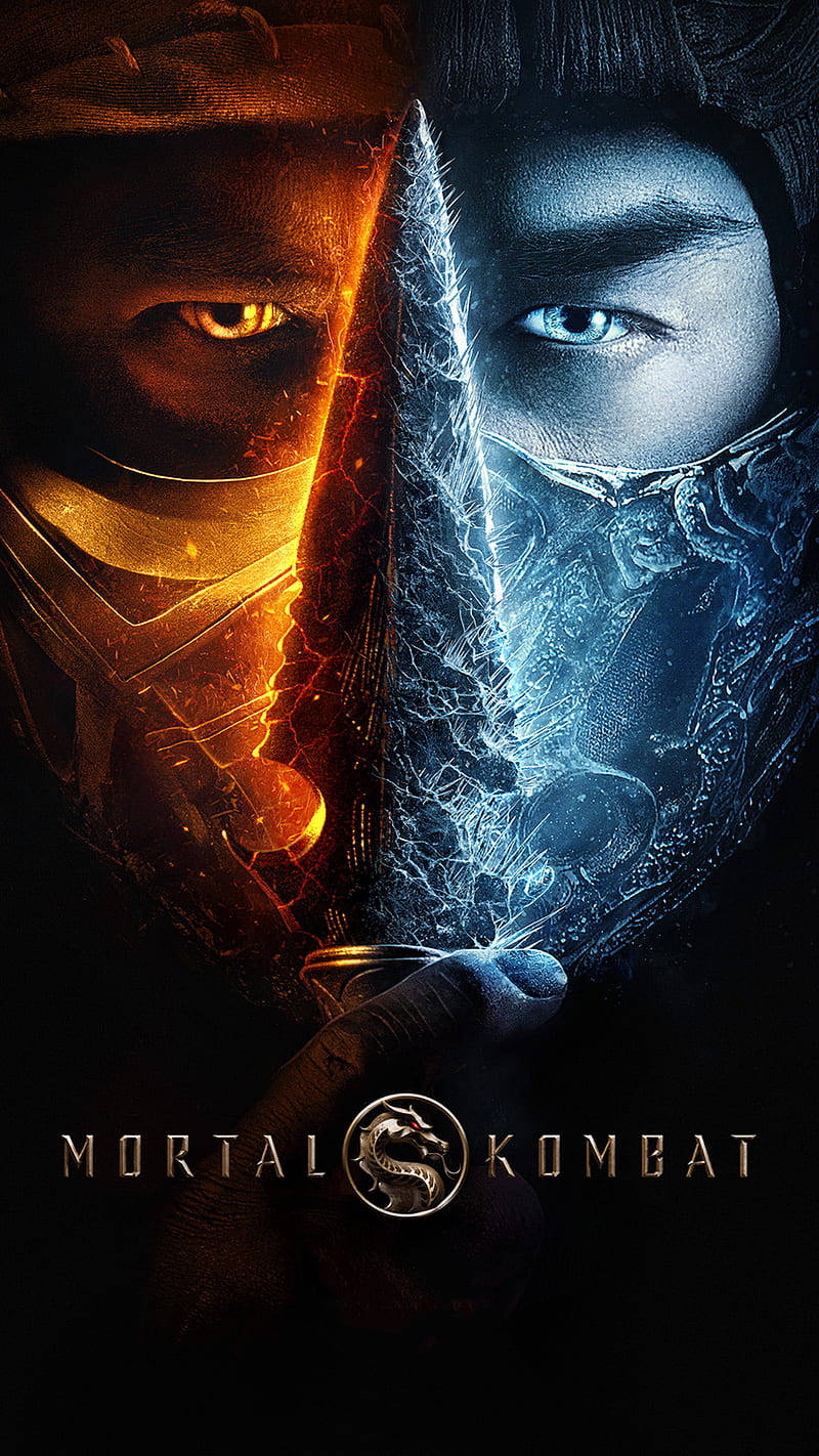 mortal kombat scorpion vs sub zero 桌布 壁紙 — 兩名蒙面戰士在熾熱橙色和冰冷藍色的兩半中對峙，在黑暗背景下握著一把發光的劍。