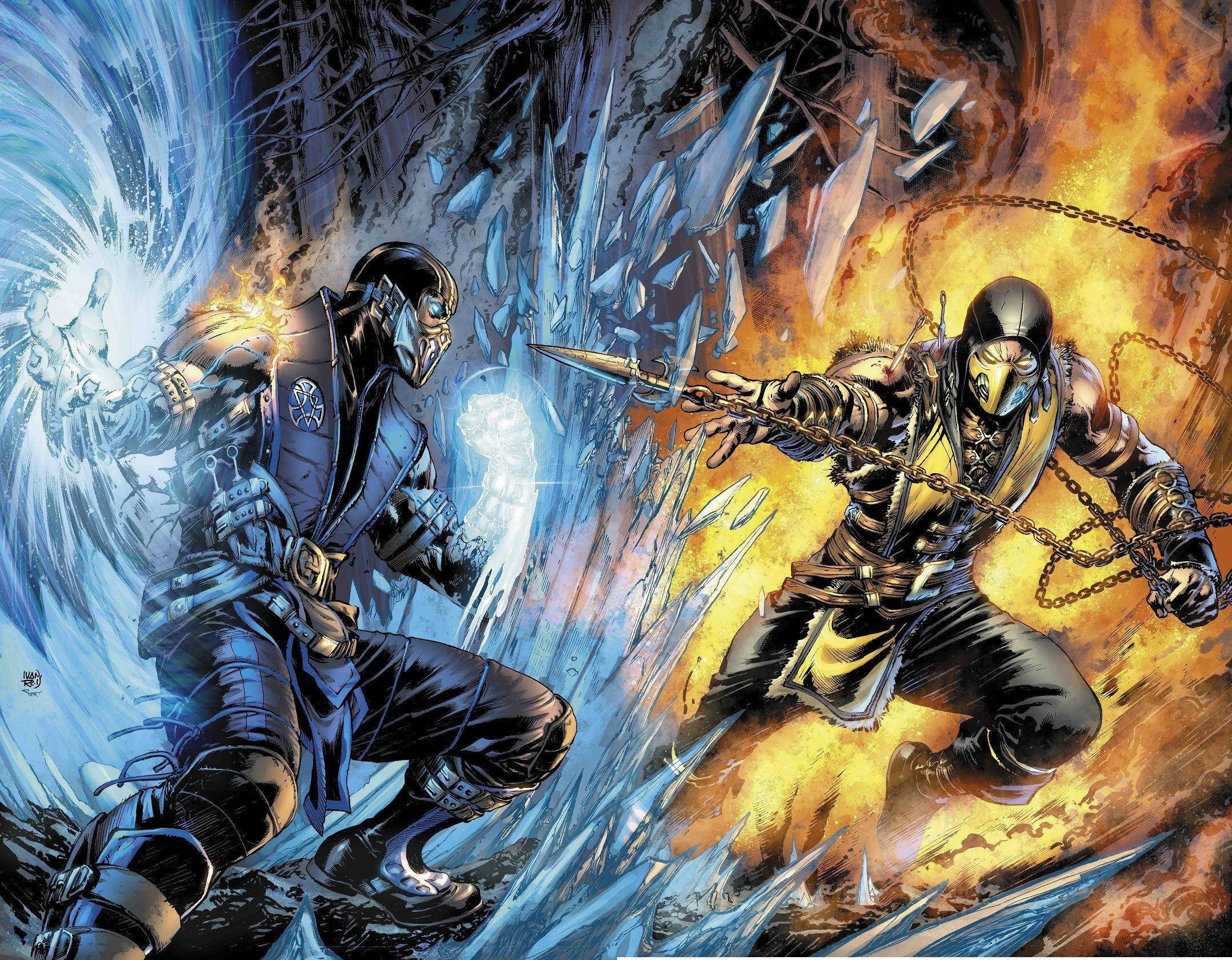 mortal kombat scorpion vs sub zero 桌布 壁紙 — 兩名蒙面戰士在熾熱的藍色能量風暴中交鋒，一人使用冰，另一人使用火，展開一場動態的漫畫戰鬥。