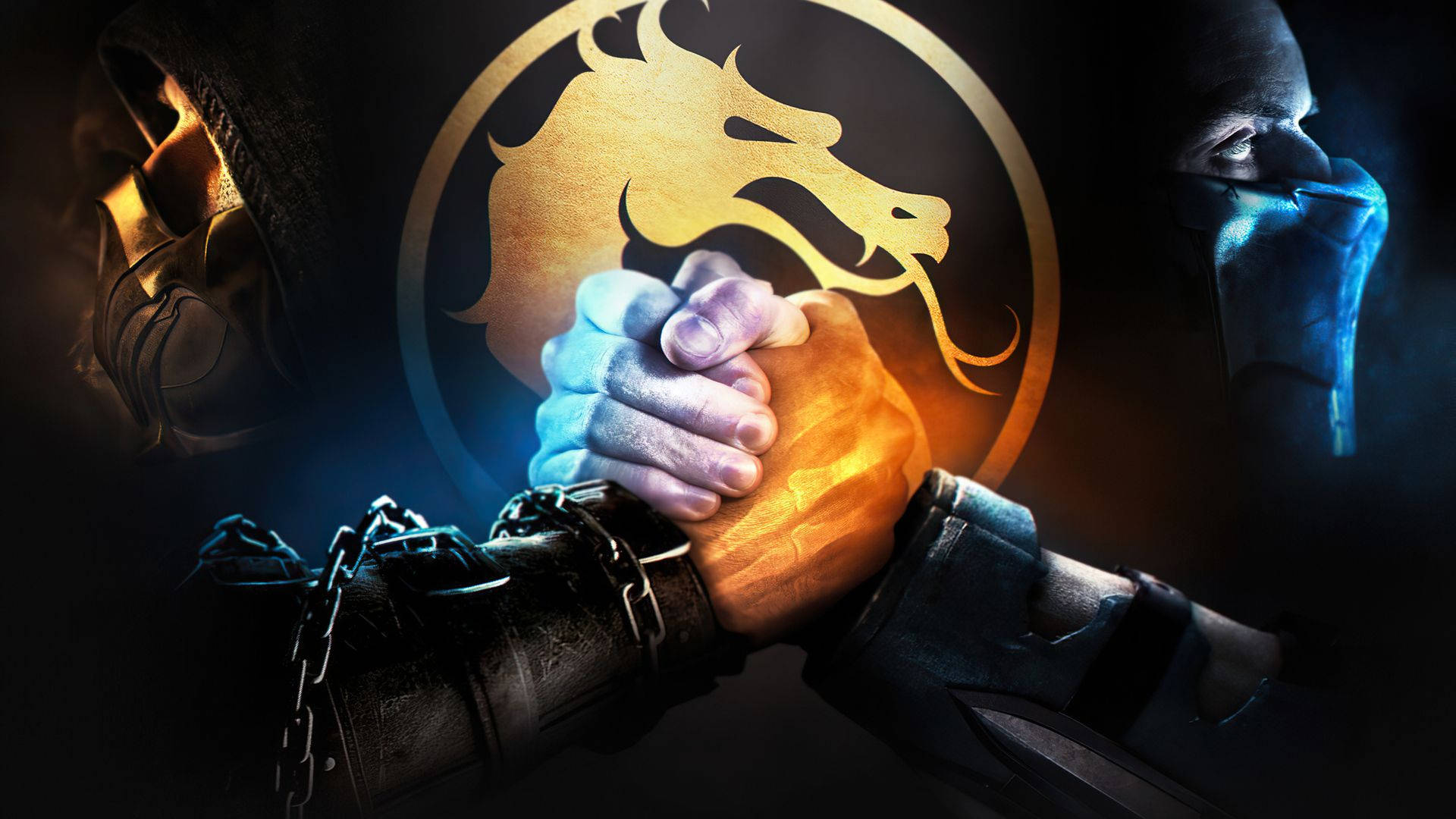 mortal kombat scorpion vs sub zero 桌布 壁紙 — 兩名蒙面戰士在發光龍徽下拳頭交錯，形成戲劇性對峙。