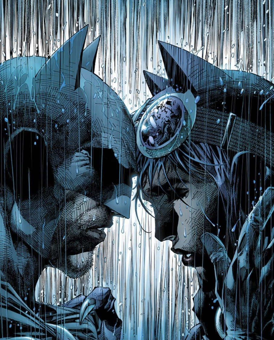 Batman Reborn 桌布 壁紙 — 兩名蒙面義警在傾盆大雨中對峙，雨水沿著他們的頭盔和濕透的服裝流下。