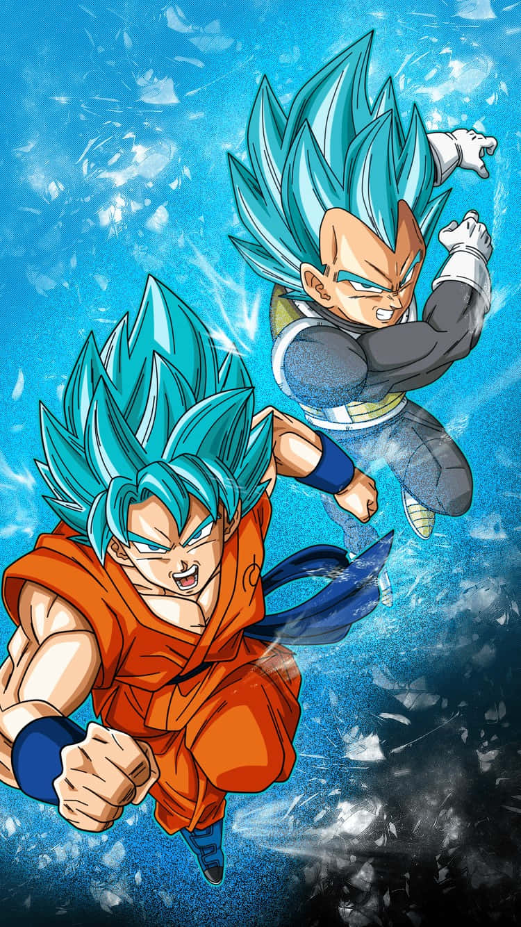 Dragon Ball iPhone 桌布 壁紙 — 兩名藍髮賽亞人戰士以超級賽亞人藍形態，帶著強烈的表情衝過破碎的藍色能量場。