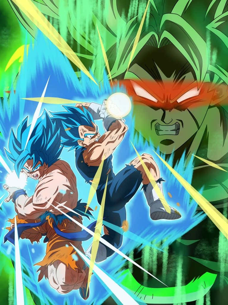 Vegeta And Broly 桌布 壁紙 — 兩名藍髮賽亞人戰士在動態的動漫戰鬥中，向一名高大的綠髮對手釋放出發光的能量衝擊波。
