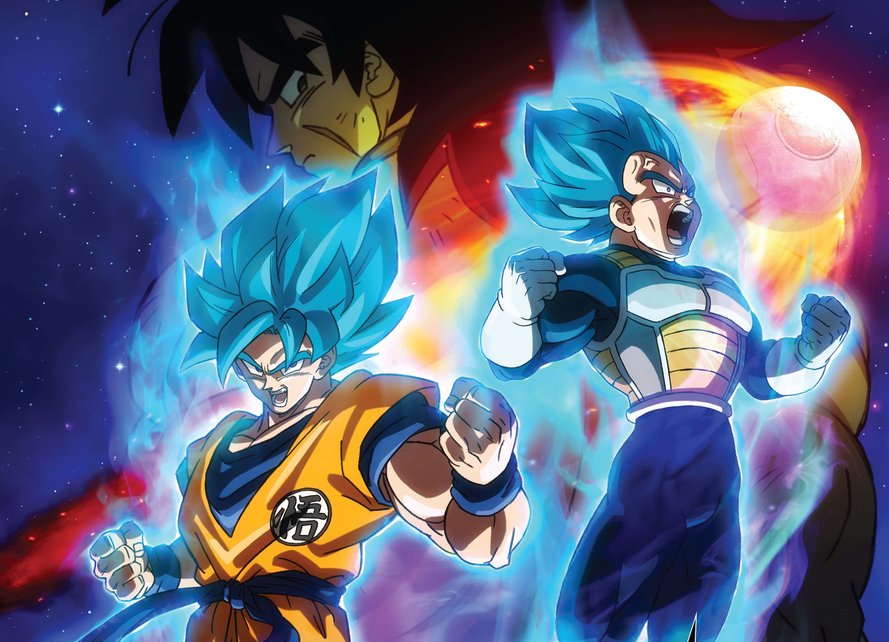 Dbz Movies 桌布 壁紙 — 兩名藍髮賽亞人戰士在宇宙背景下，對著一個熾熱行星釋放出發光的能量爆炸。
