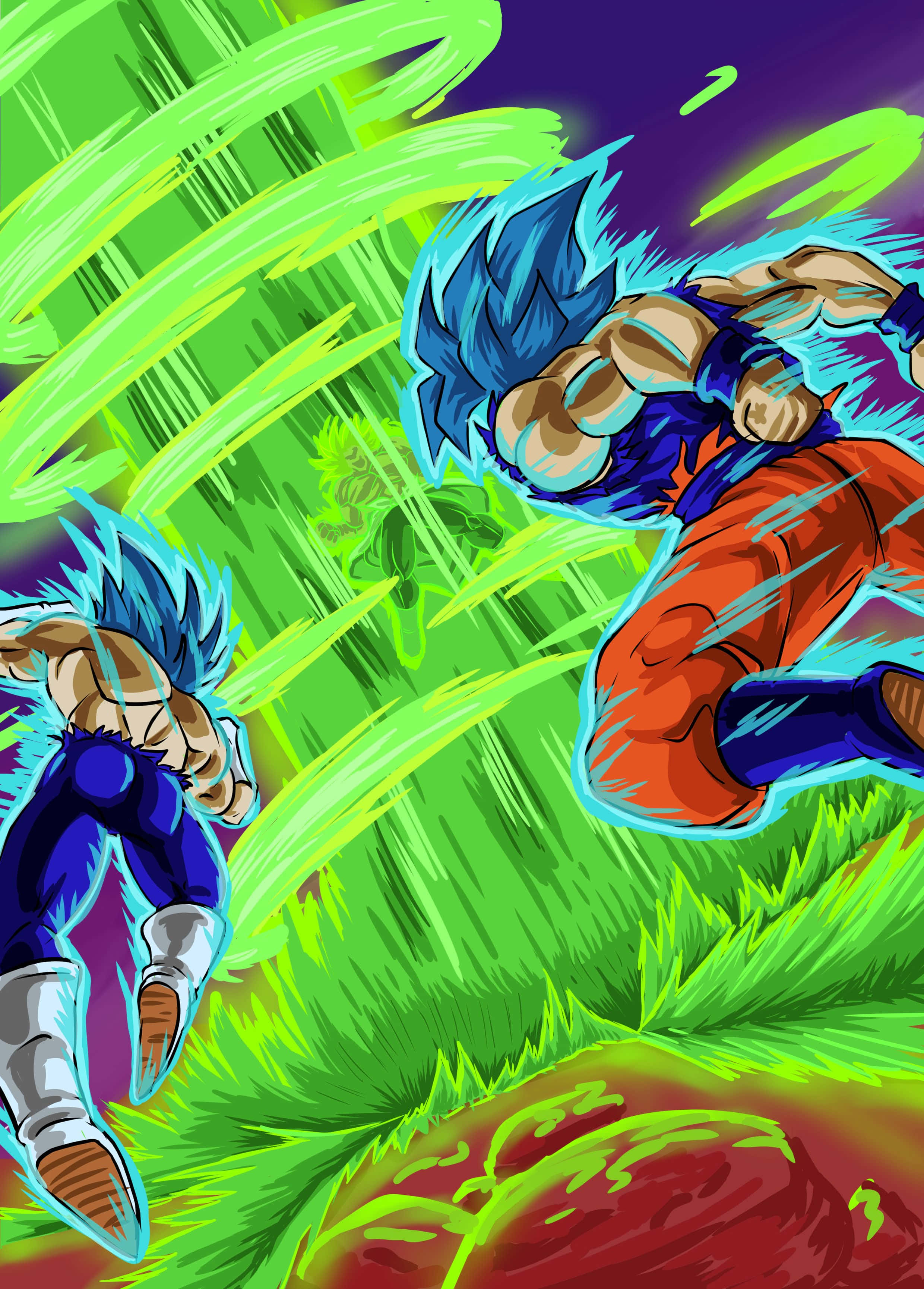 Vegeta And Broly 桌布 壁紙 — 兩名藍髮賽亞人戰士在深紫色天空背景下，於爆炸性綠色能量條紋中在半空中碰撞。