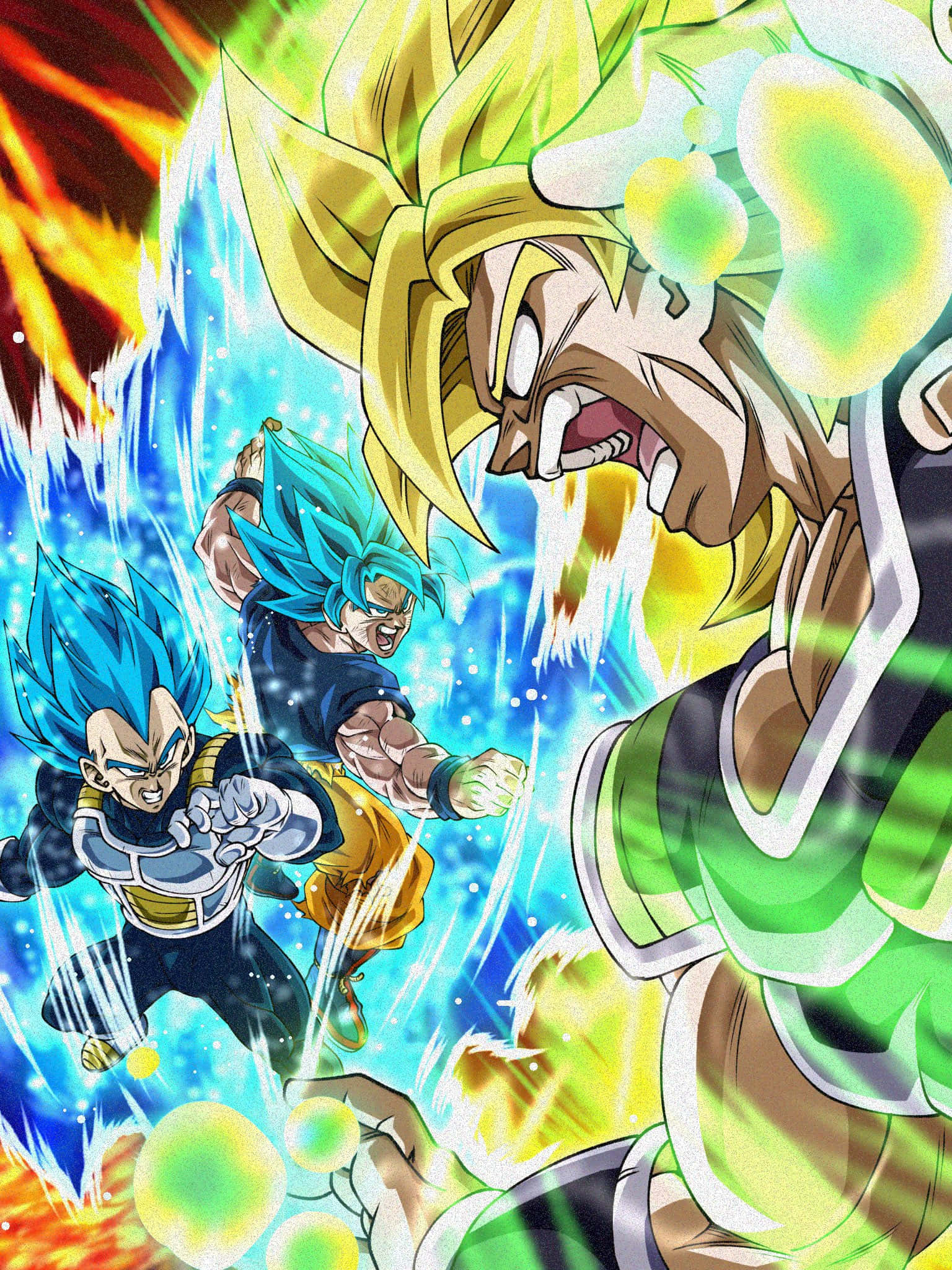 Vegeta And Broly 桌布 壁紙 — 兩名藍髮賽亞人戰士在爆炸性能量效果中，向一名較大的金髮對手發起動態動畫戰鬥。