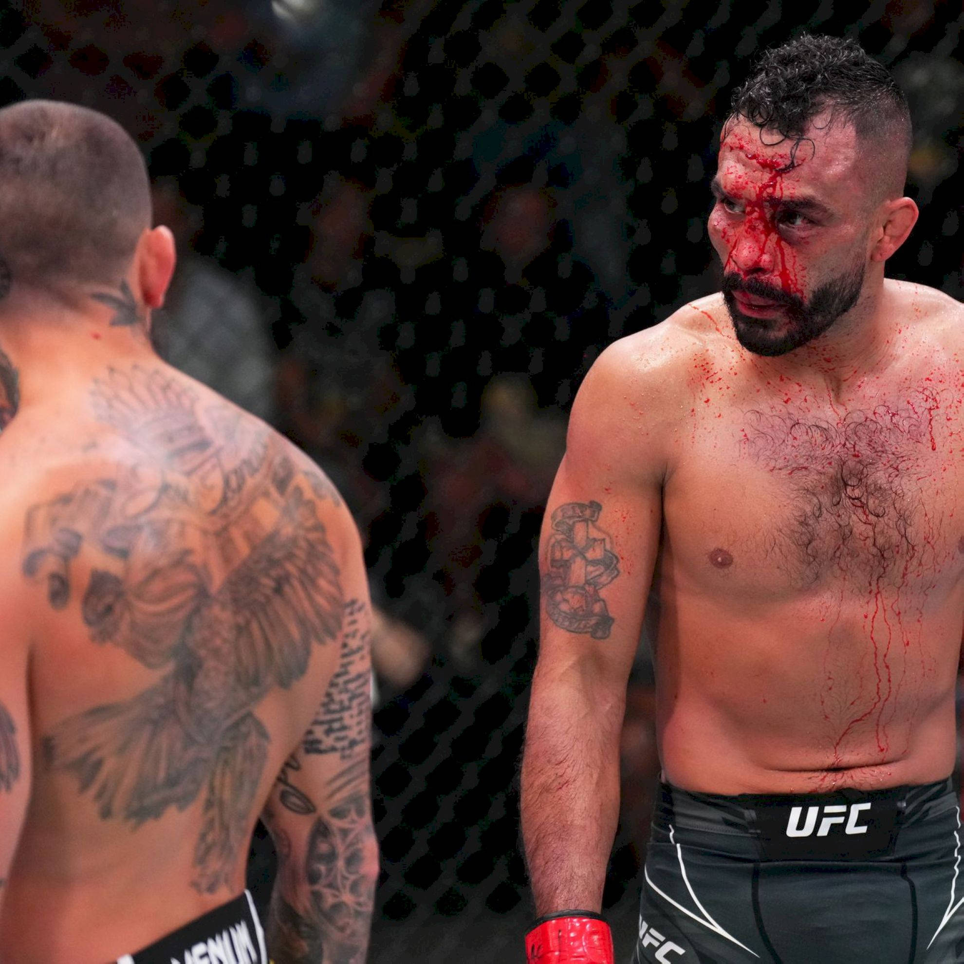 UFC 桌布 壁紙 — 兩名血跡斑斑的MMA拳手在八角籠內對峙，可見刺青和UFC裝備。