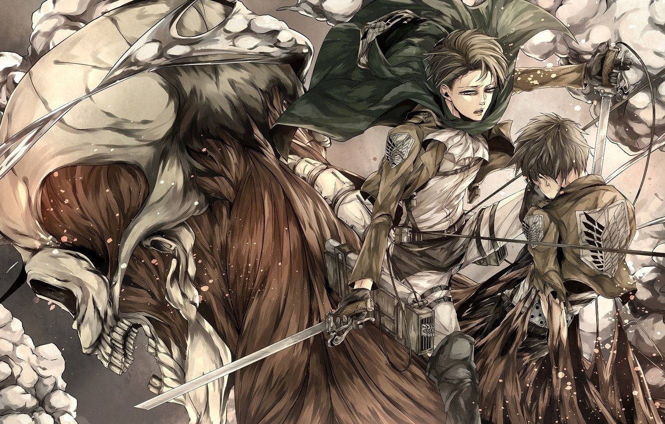 Levi 桌布 壁紙 — 兩名裝備齊全的士兵在戲劇性燈光下，於 crumbling 石廢墟中與巨型巨人戰鬥。