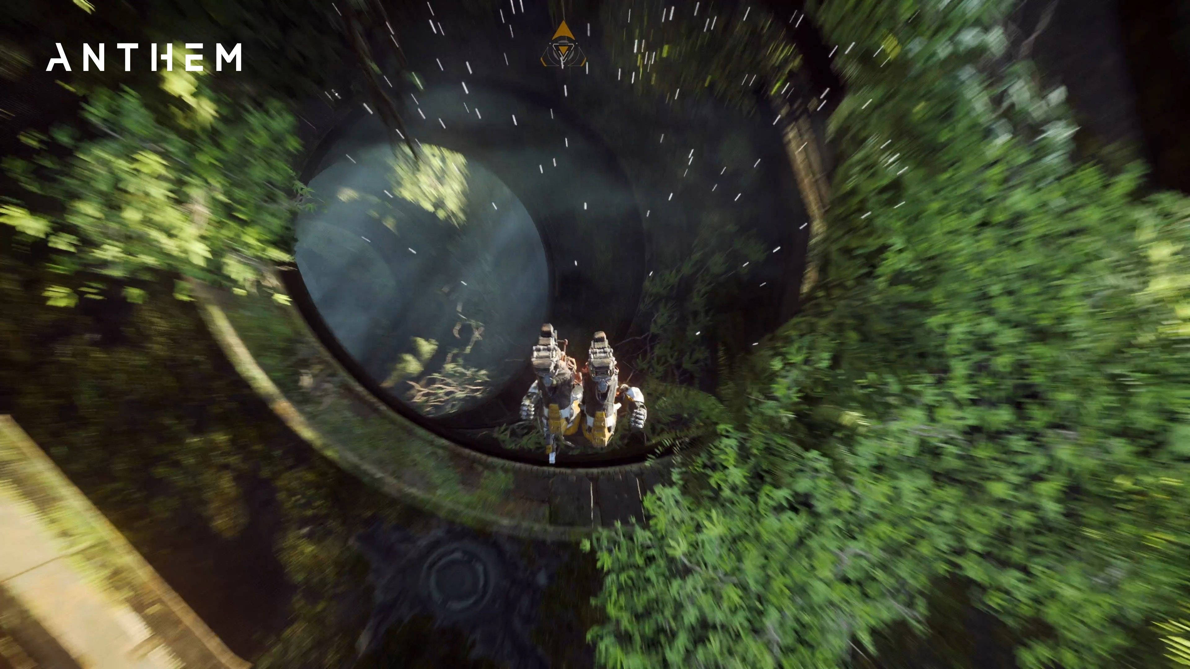 anthem 4K 桌布 壁紙 — 兩名裝甲冒險者從遊戲 Anthem 中以高速滑翔穿過茂密的綠色隧道。