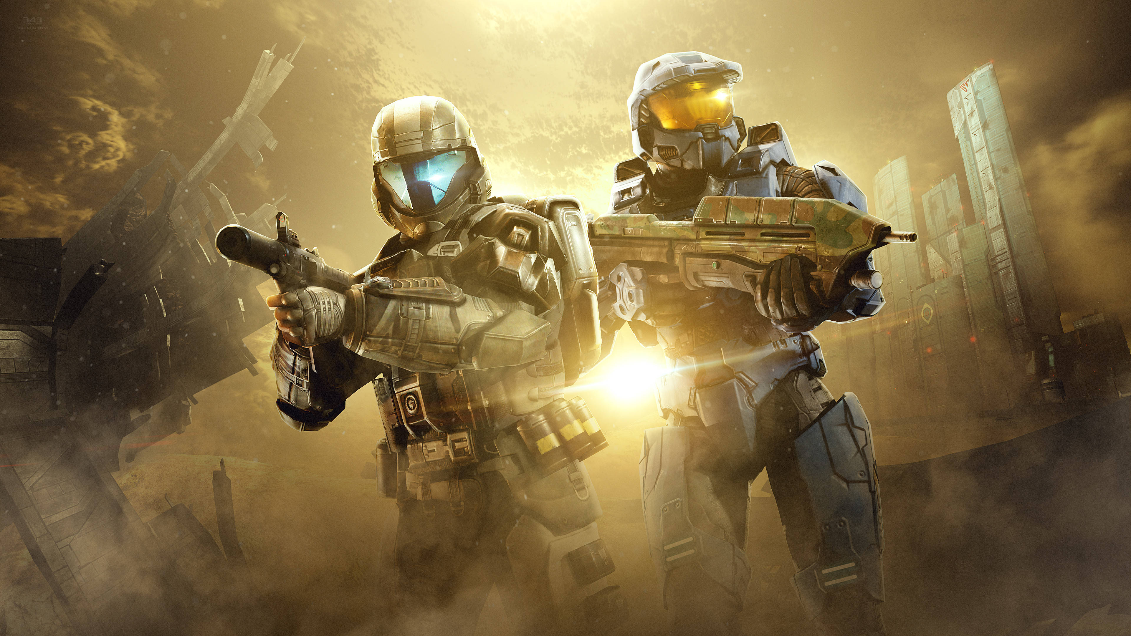Master Chief 桌布 壁紙 — 兩名裝甲士兵在塵土飛揚的戰場上，在熾熱的太陽下準備好武器。