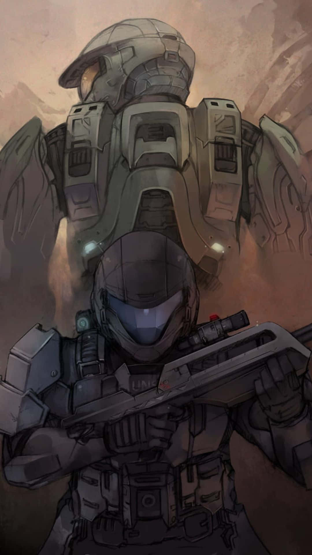 Noble Six 桌布 壁紙 — 兩名裝甲士兵在塵土飛揚的沙漠景觀中背靠背站立，天空朦朧。