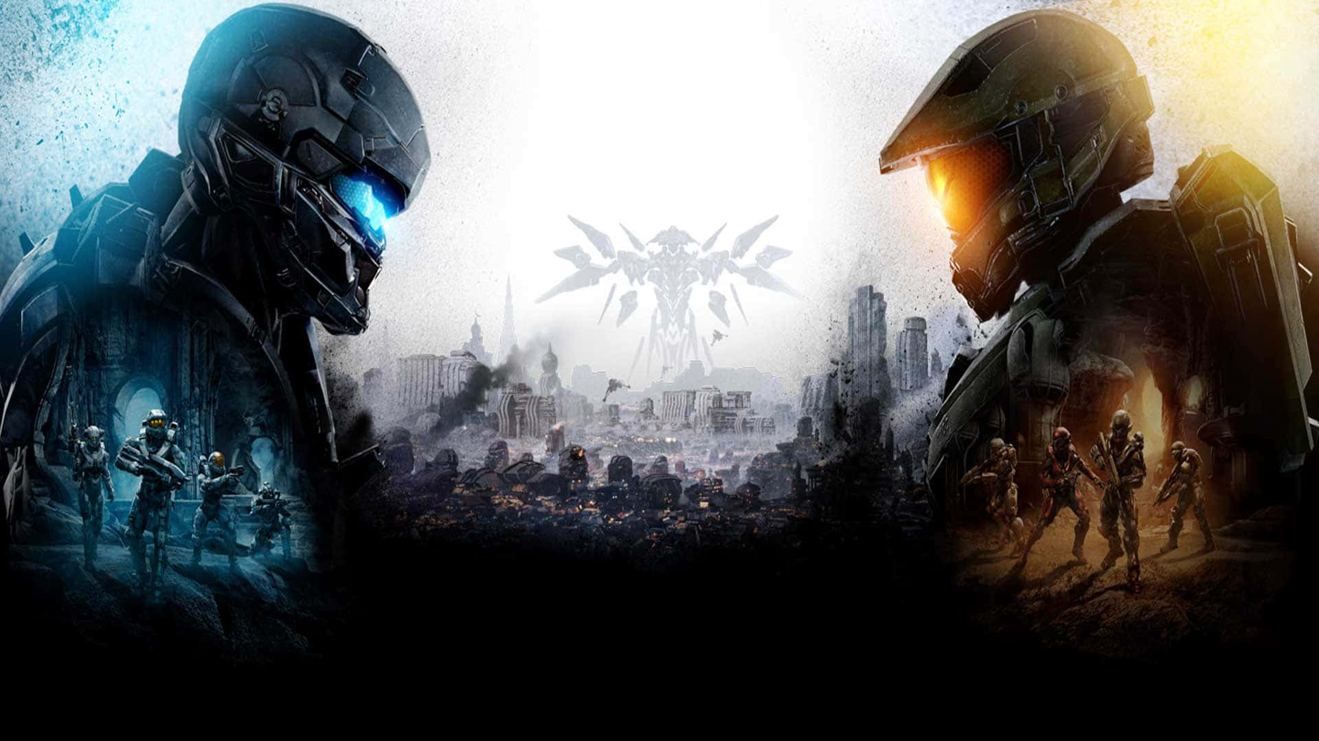 Master Chief 桌布 壁紙 — 兩名裝甲士兵在廢墟城市中對峙，背景中有一個巨大的機械敵人在逼近。