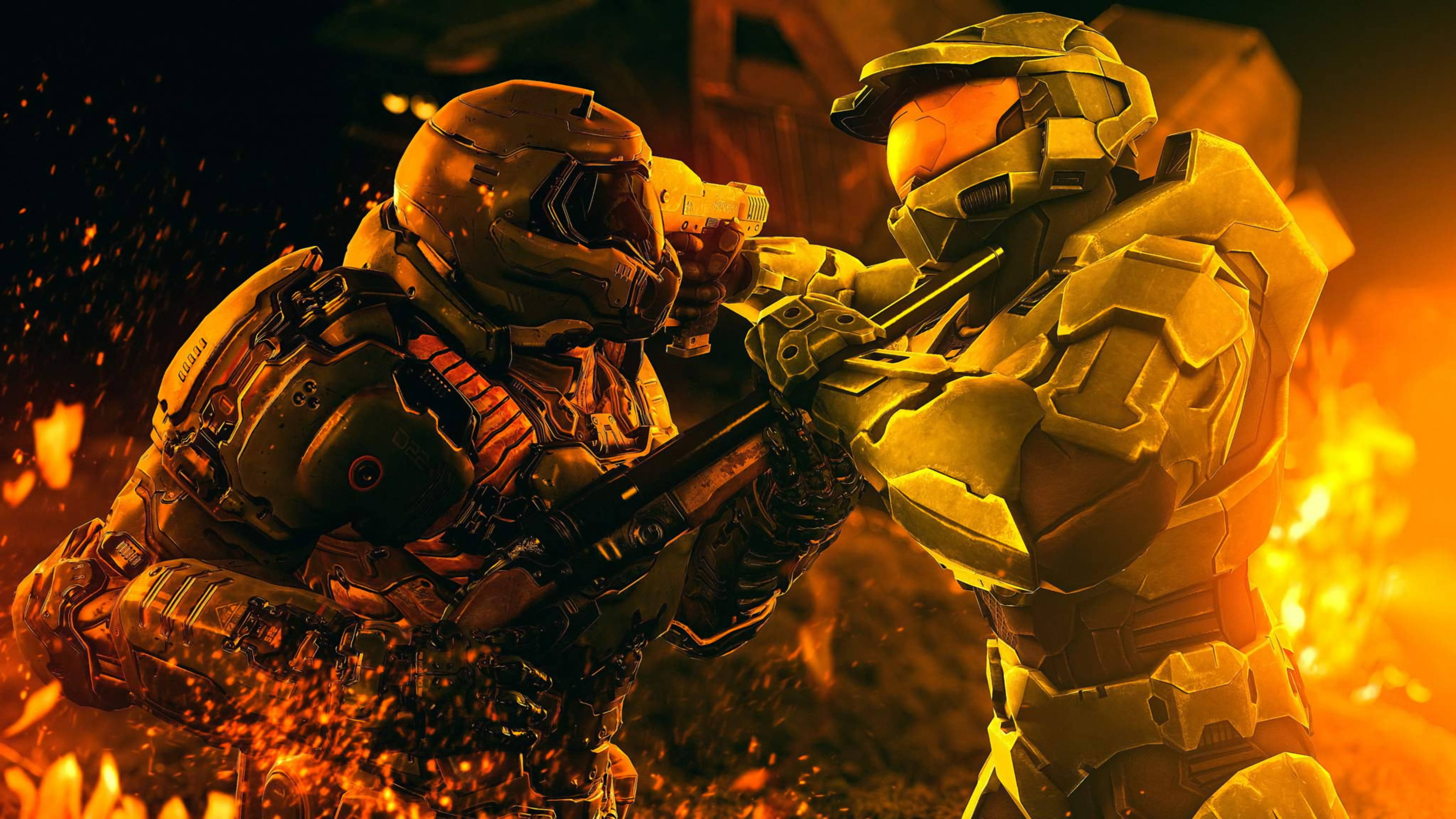 Doomguy 桌布 壁紙 — 兩名裝甲士兵在熾熱的戰鬥中碰撞，火花在發光的橙色火焰中飛舞。