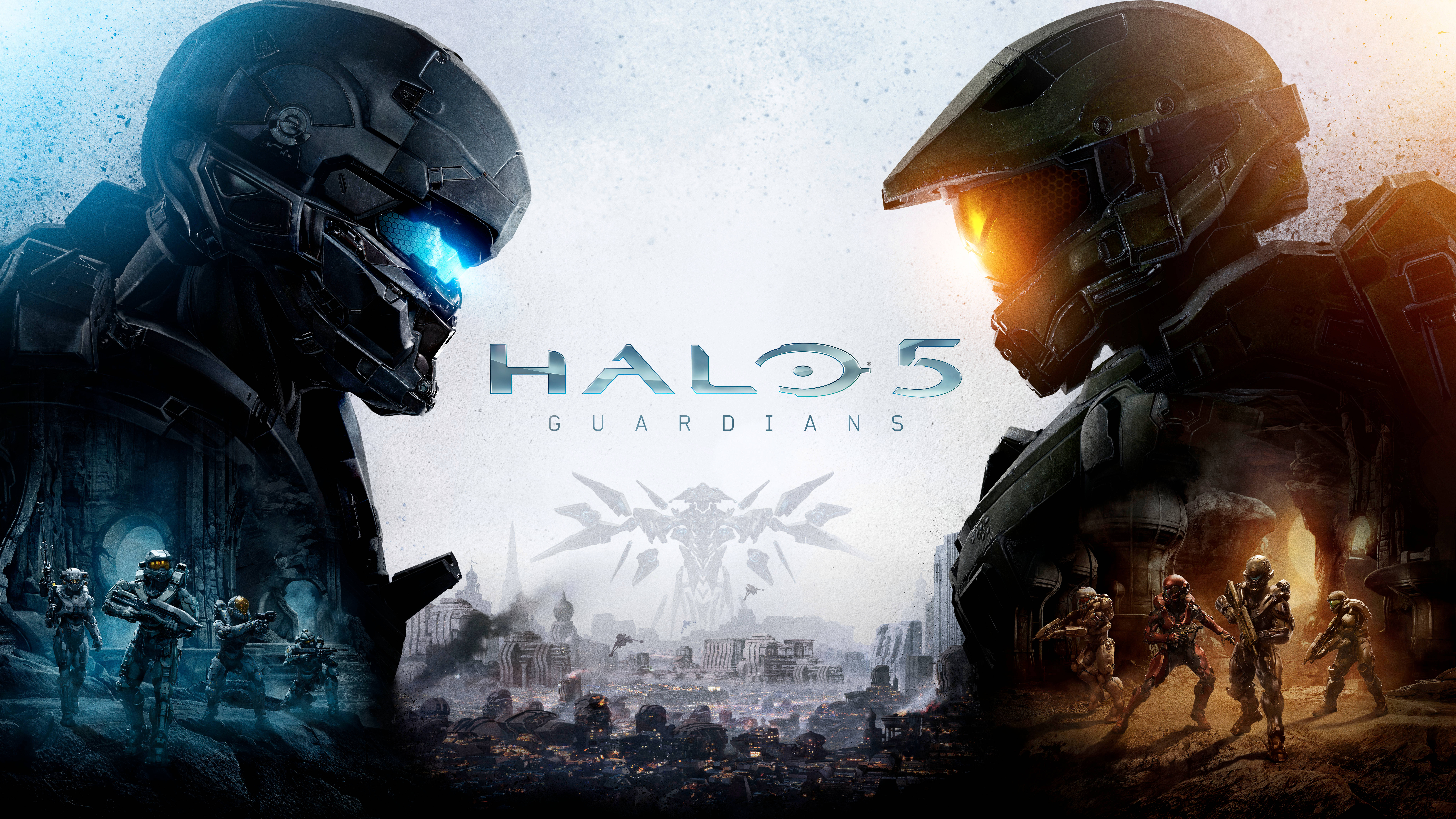 4K Gaming 桌布 壁紙 — 兩名裝甲士兵在發光的天空下，於一個被戰爭摧毀的未來城市景觀中對峙。