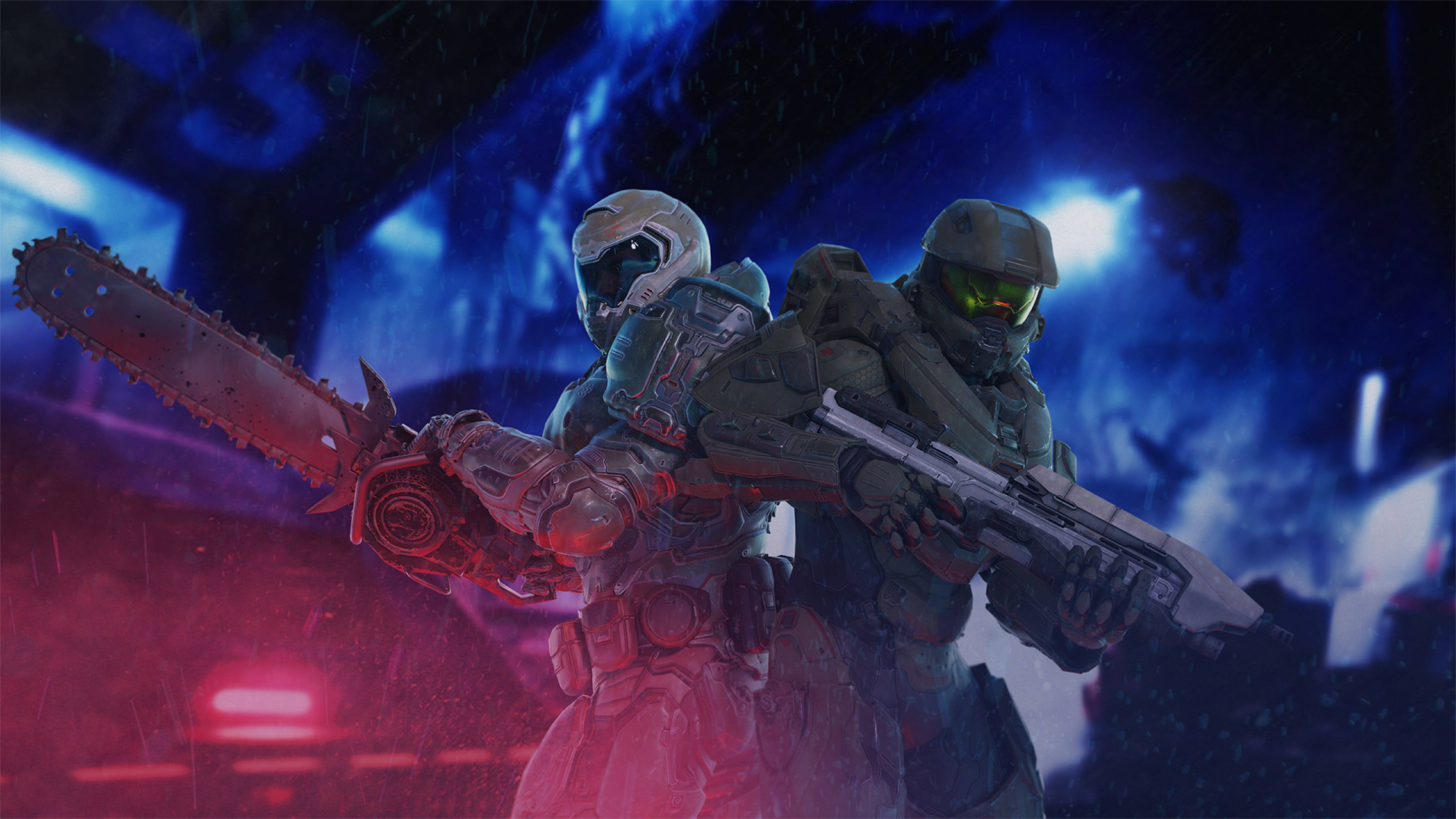 Doomguy 桌布 壁紙 — 兩名裝甲士兵在雨中霓虹燈照亮的城市小巷中準備就緒，一人揮舞電鋸，另一人持步槍，在閃爍的藍色和紅色燈光下。