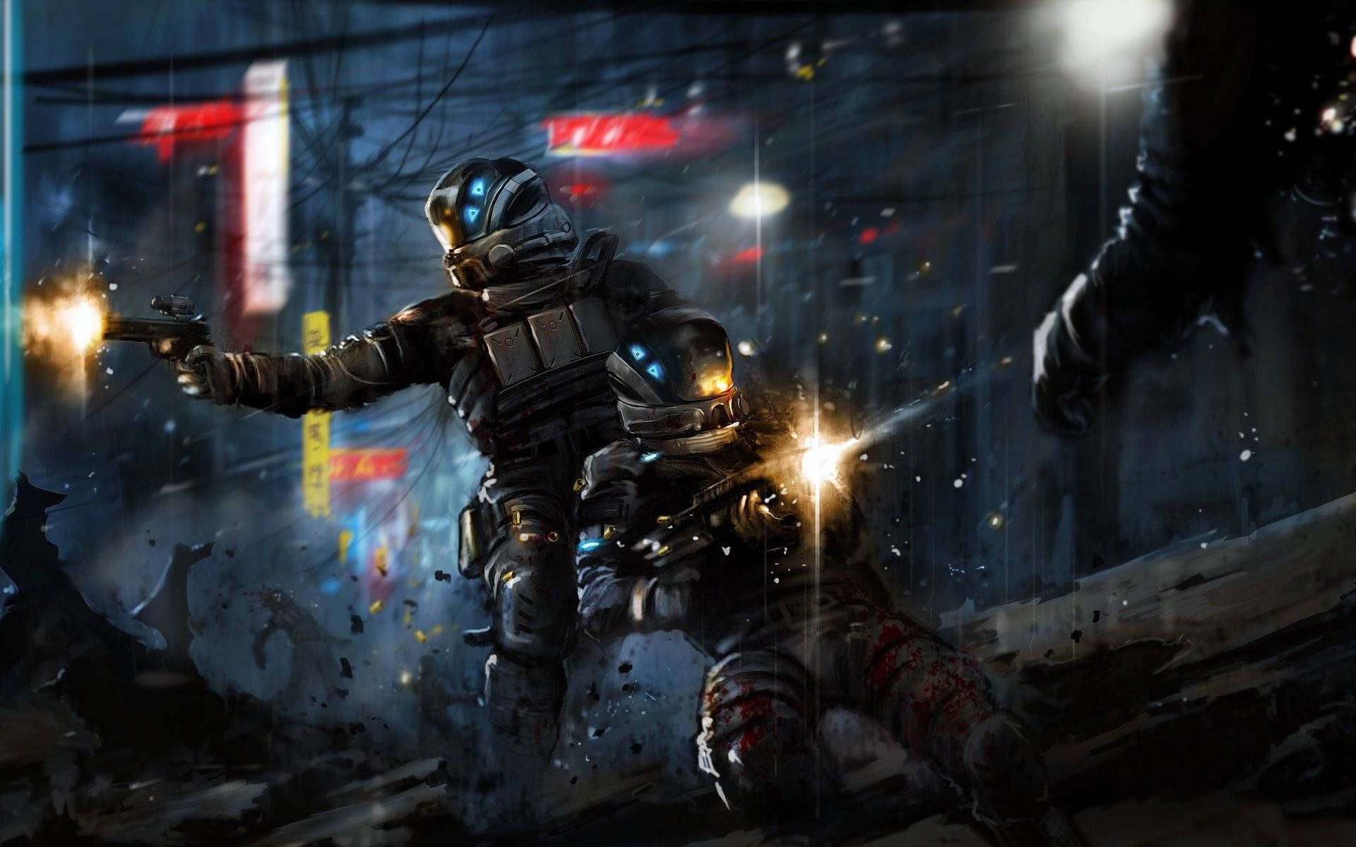 Battlefield 4 桌布 壁紙 — 兩名裝甲士兵在雨濕的霓虹燈城市小巷中開火，夜晚火花和碎片飛揚。