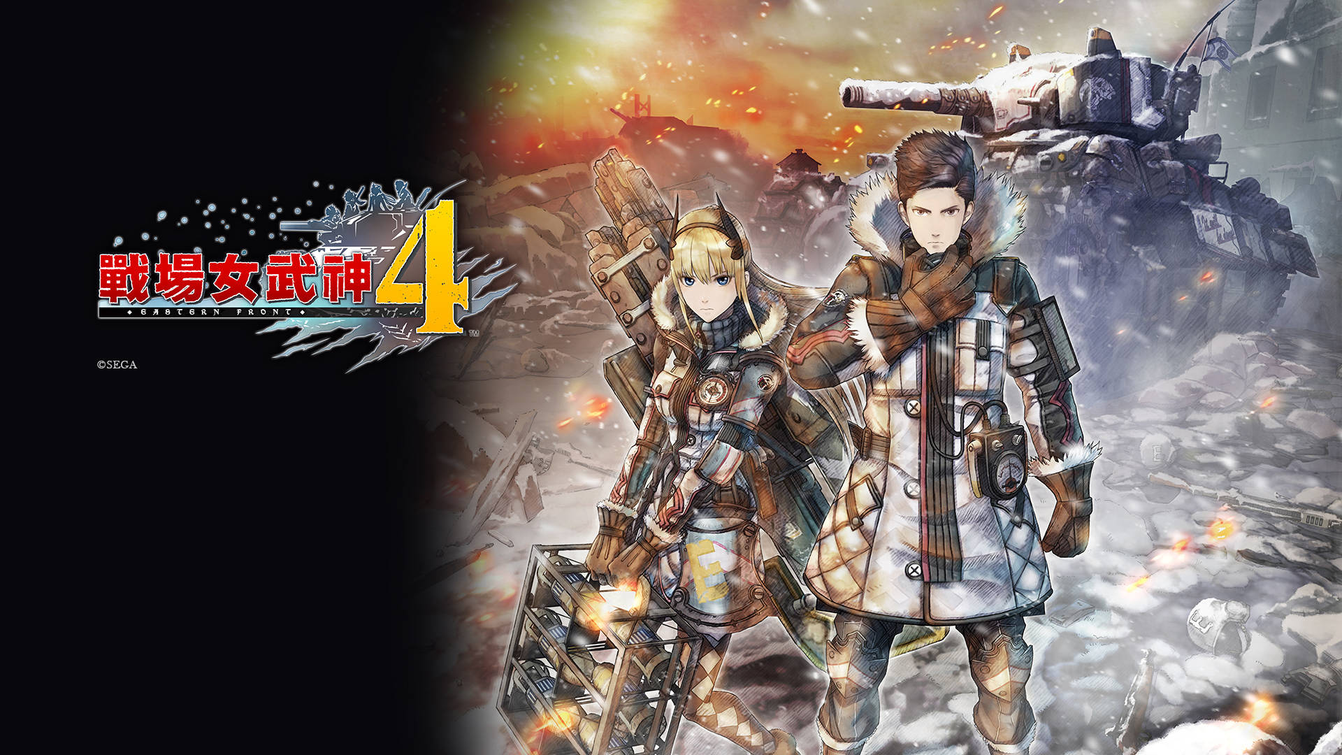 Valkyria Chronicles 桌布 壁紙 — 兩名裝甲士兵在雪地戰場上挑釁地站立，身後一輛坦克在火紅的天空下若隱若現。