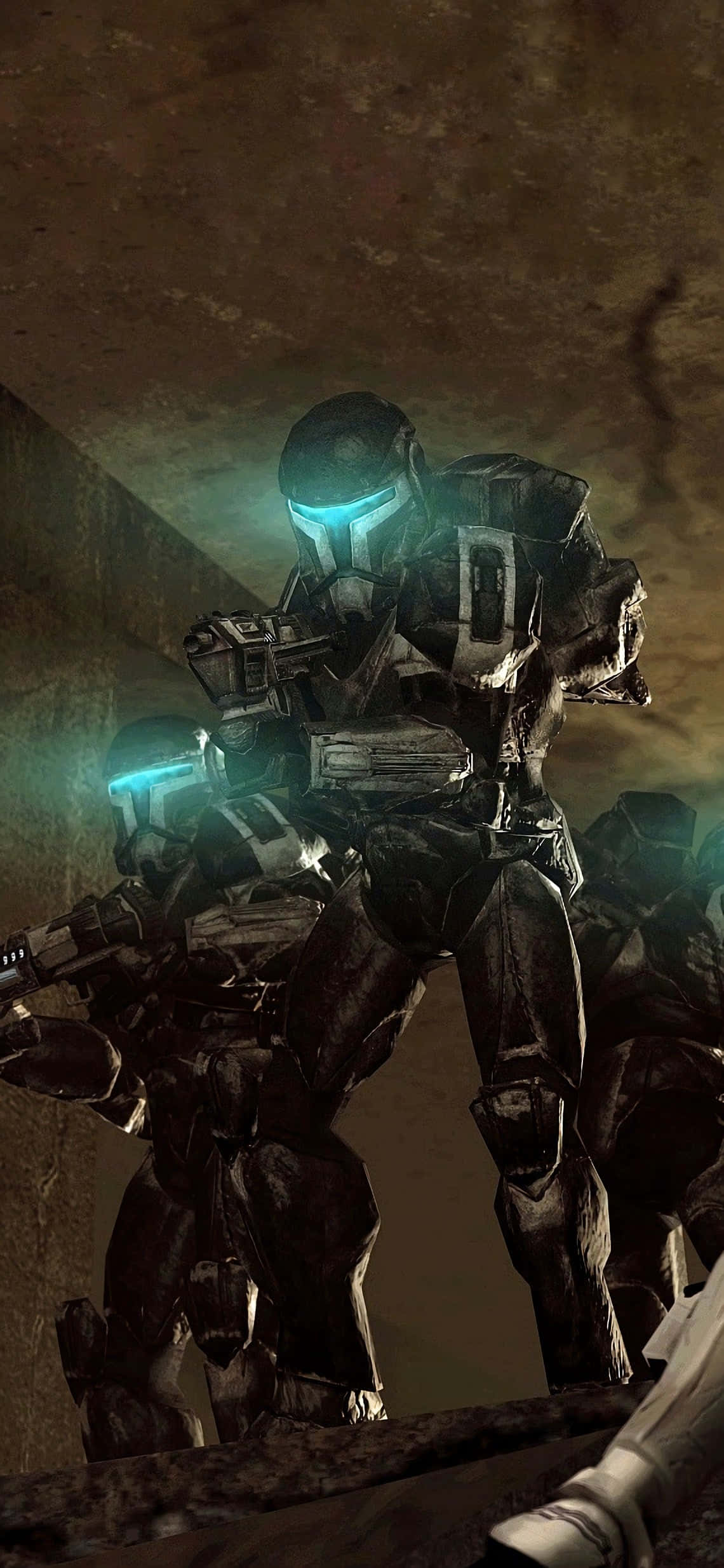Republic Commando 桌布 壁紙 — 兩名裝甲士兵戴著發光藍色護目鏡，在昏暗的地下隧道中蹲下，手持武器。