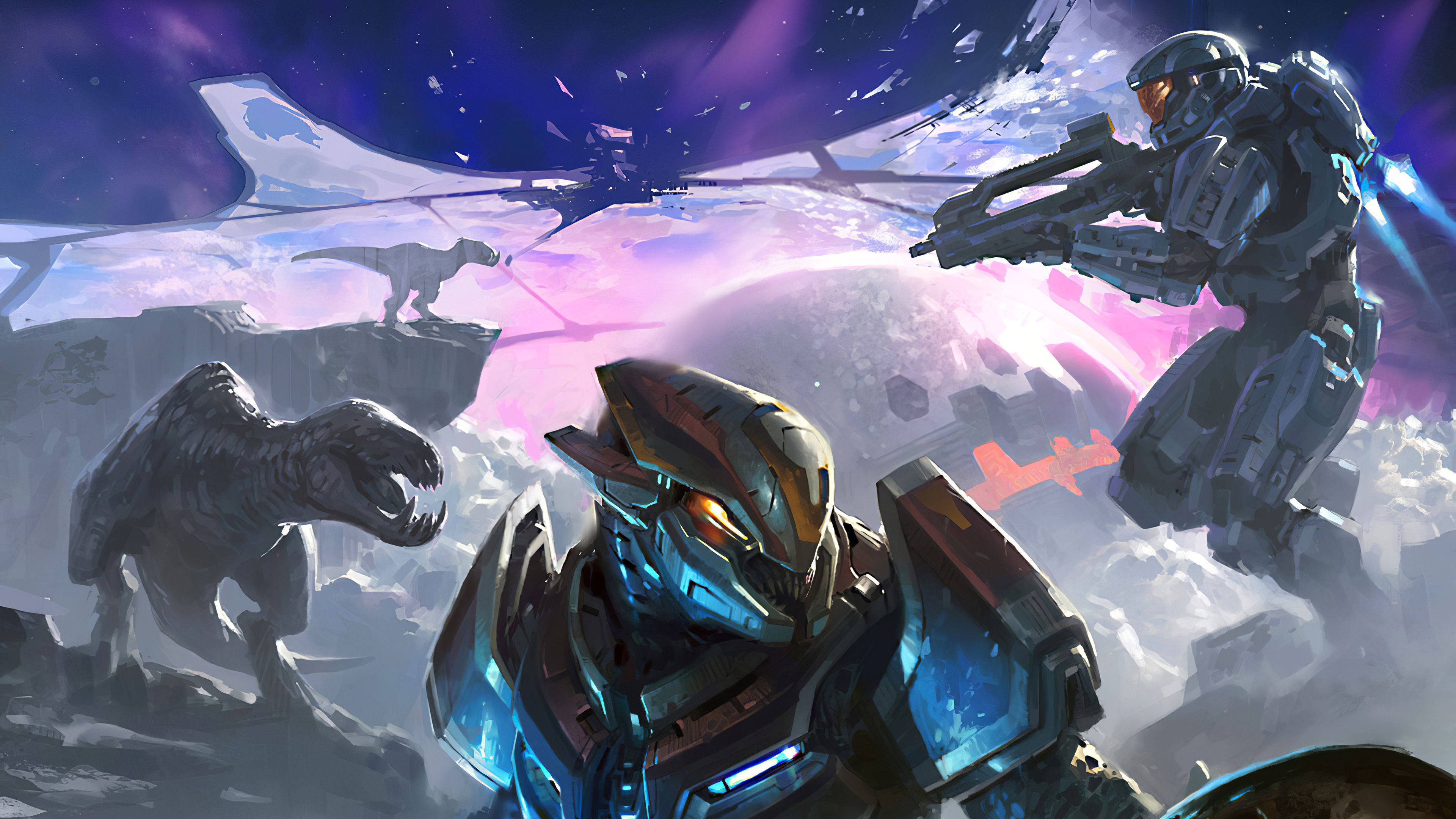 Master Chief 桌布 壁紙 — 兩名裝甲士兵站在一個岩石外星行星上，有恐龍和發光的紫色天空。