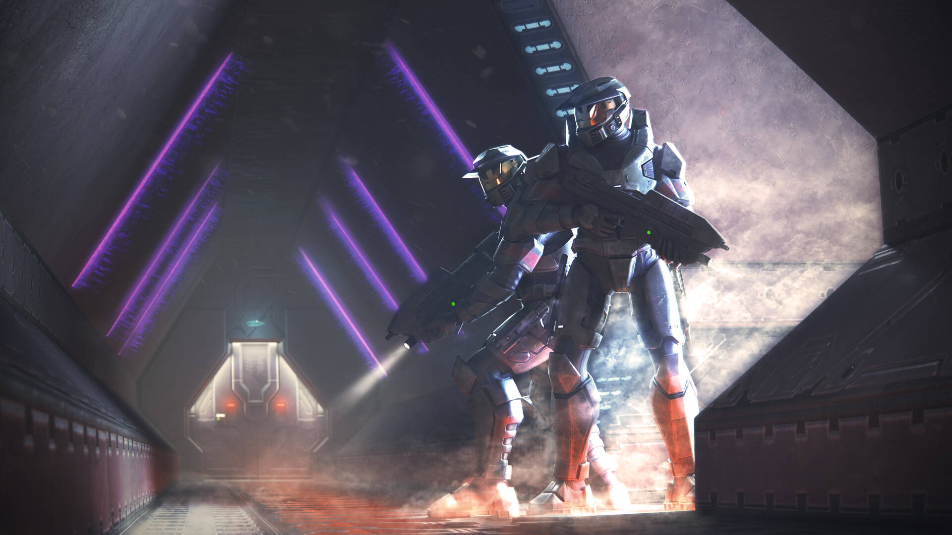 4K halo 桌布 壁紙 — 兩名裝甲士兵站在一條由紫色霓虹燈和發光地板面板照亮的未來主義走廊中。