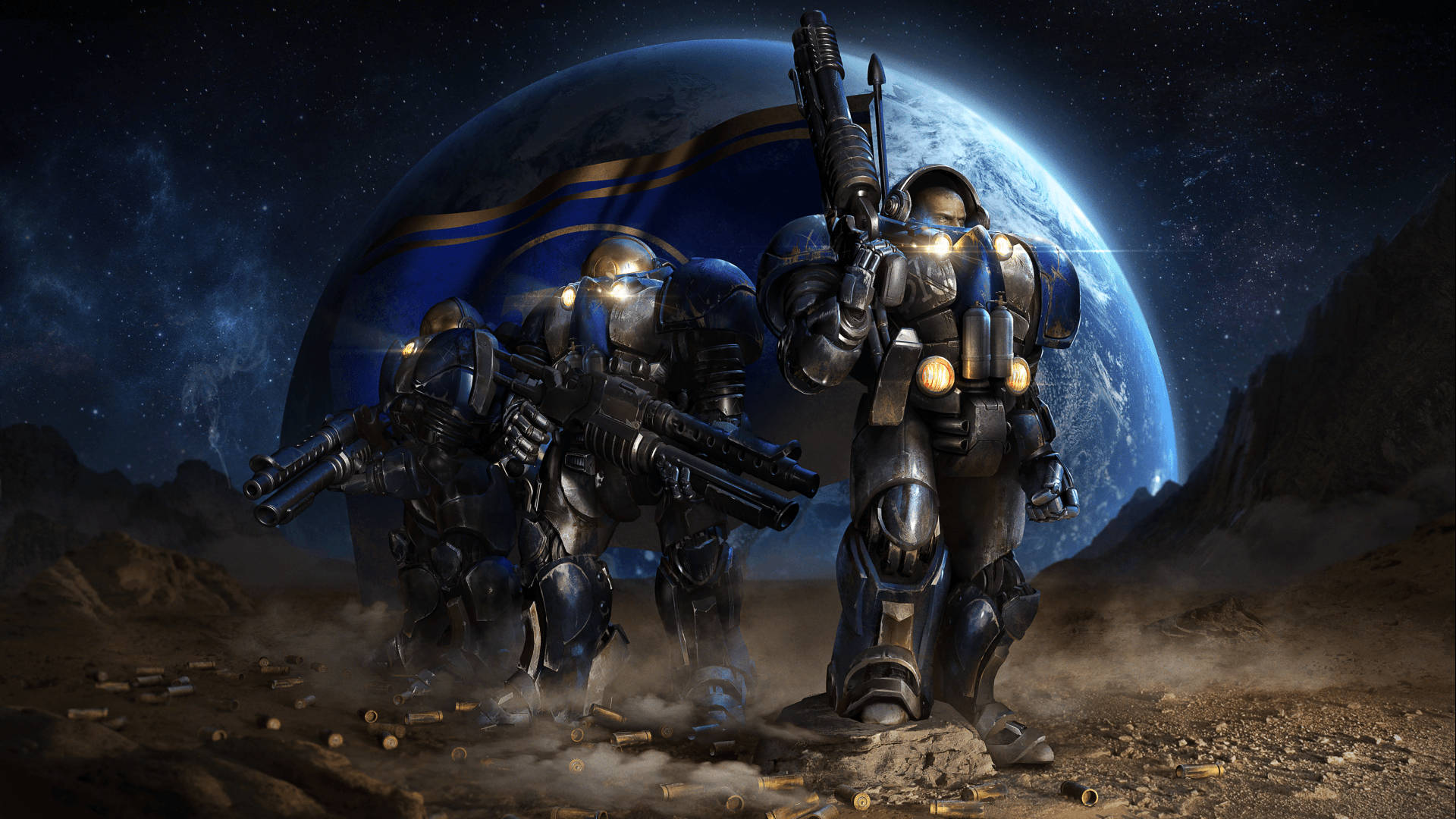Starcraft 桌布 壁紙 — 兩名裝甲士兵站在岩石外星行星上，背景有發光的藍色行星。