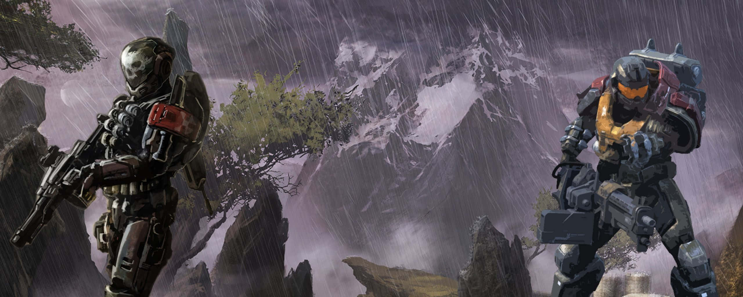 Halo Battle 桌布 壁紙 — 兩名裝甲士兵站在被雨水浸透的山區地形中，背景是暴風雨的天空和白雪覆蓋的山峰。