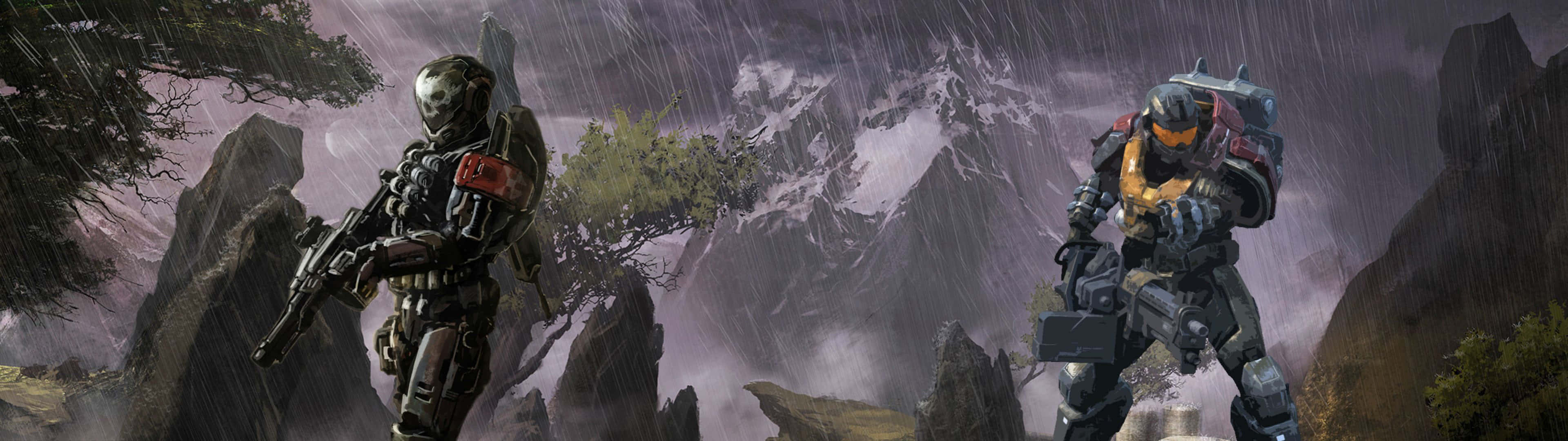遊戲 桌布 壁紙 — 兩名裝甲士兵站在被雨水浸透的岩石峽谷中，背景是白雪覆蓋的山脈。