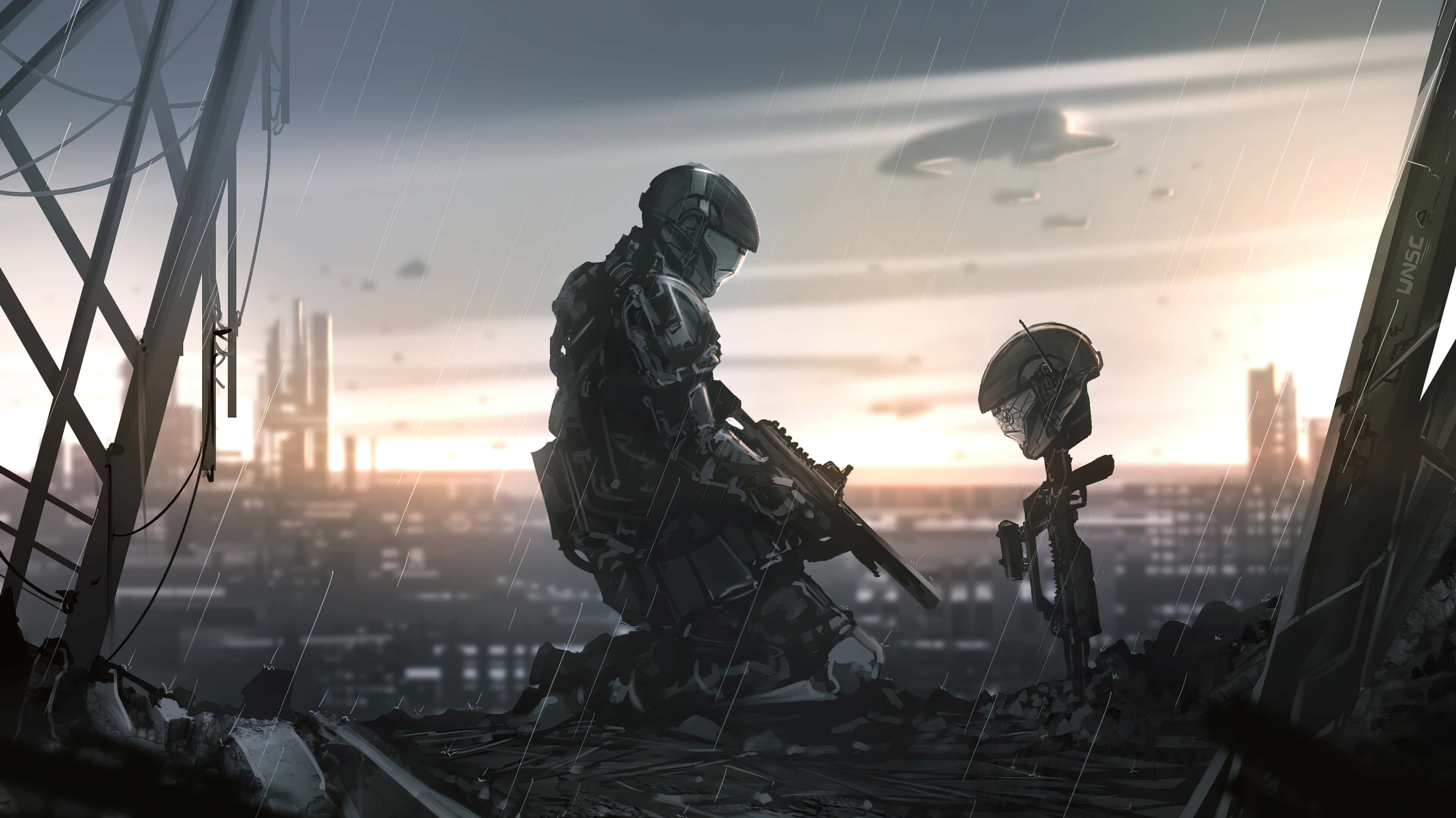 士官長 桌布 壁紙 — 兩名裝甲士兵跪在雨中，身處廢墟城市景觀中，外星飛船在暮色天空中盤旋。