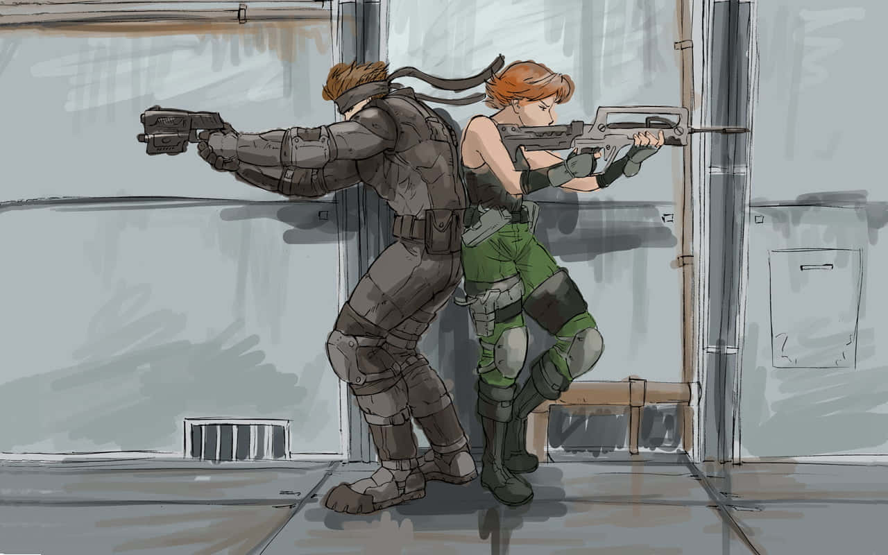 Metal Gear Solid Characters 桌布 壁紙 — 兩名裝甲士兵蹲在粗糙的工業走廊中，專注地瞄準武器。