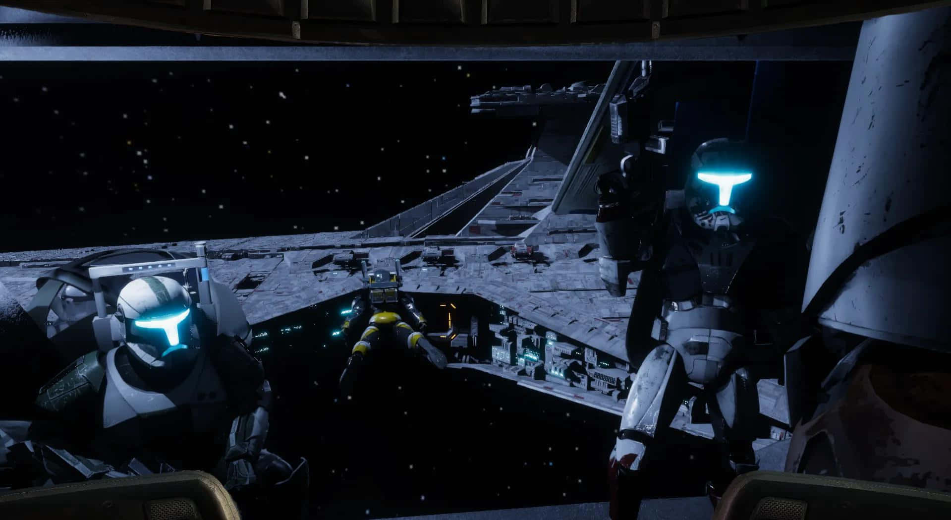 Kamino 桌布 壁紙 — 兩名裝甲太空士兵戴著發光藍色護目鏡，站在太空船駕駛艙內，俯瞰星域中一艘受損的星艦。