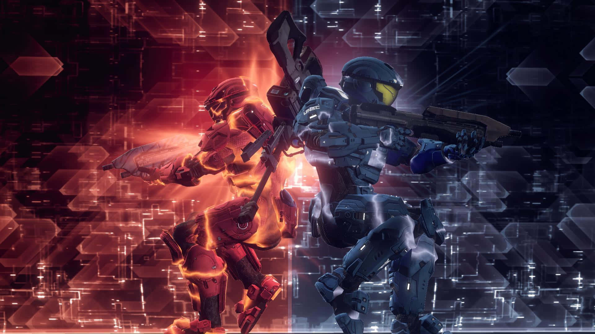 Halo 5 Blue Team 桌布 壁紙 — 兩名裝甲戰士在一個帶有發光電路和激烈戰鬥姿勢的熾熱數位戰場上碰撞。