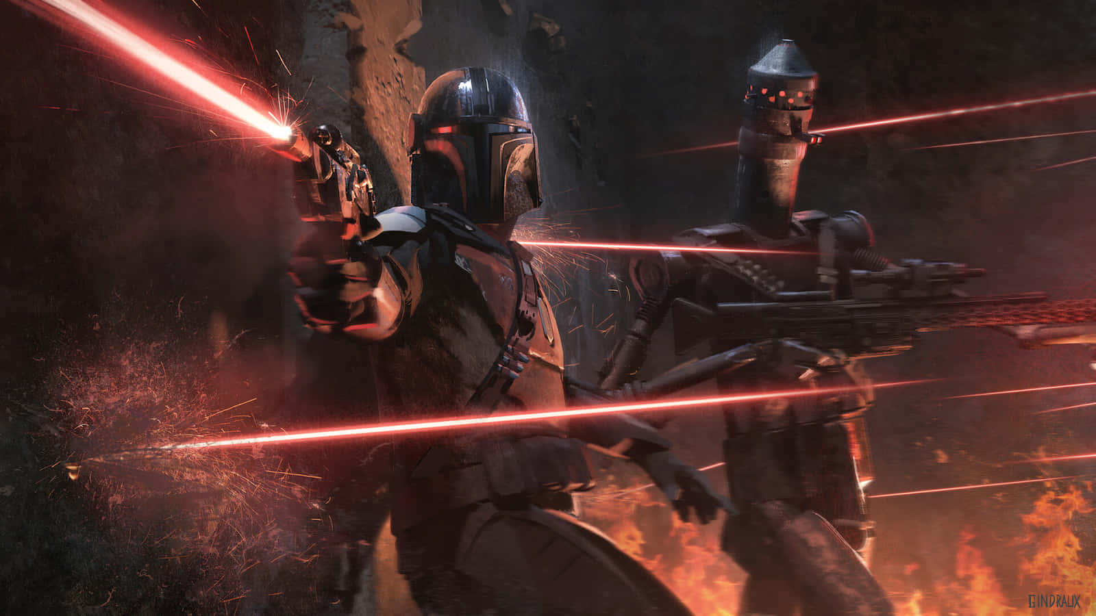 Mandalorian Pc 桌布 壁紙 — 兩名裝甲戰士在充滿火焰和煙霧的戰鬥場景中發射紅色爆能槍，火花四濺。