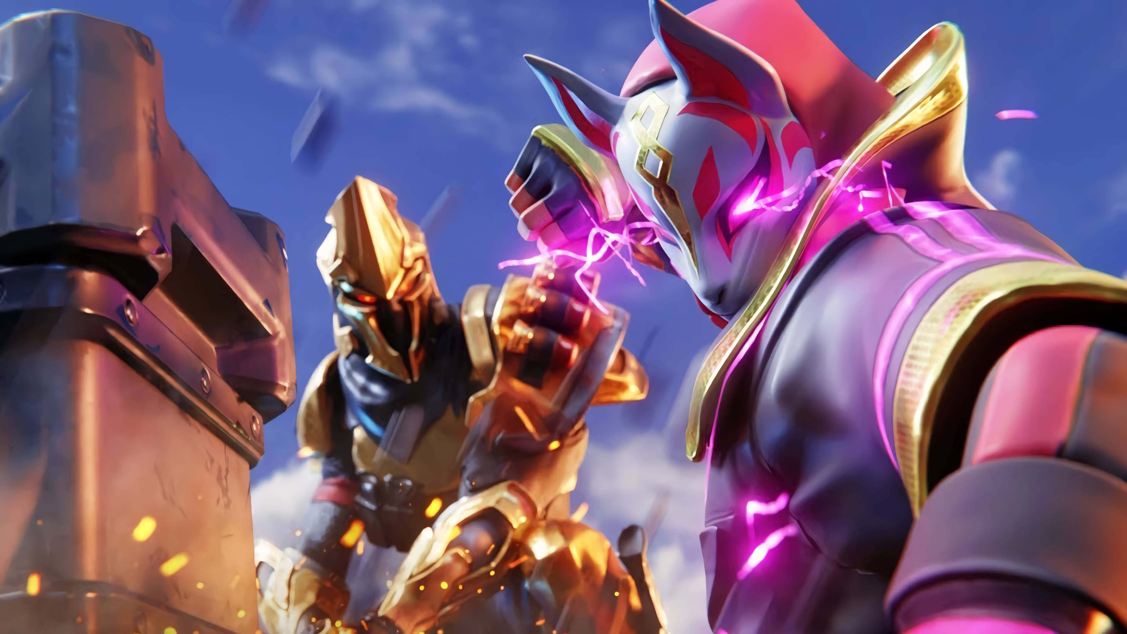 Drift 桌布 壁紙 — 兩名裝甲戰士在動態戰鬥中碰撞，發光的能量火花在他們之間飛舞，背景是陰天。