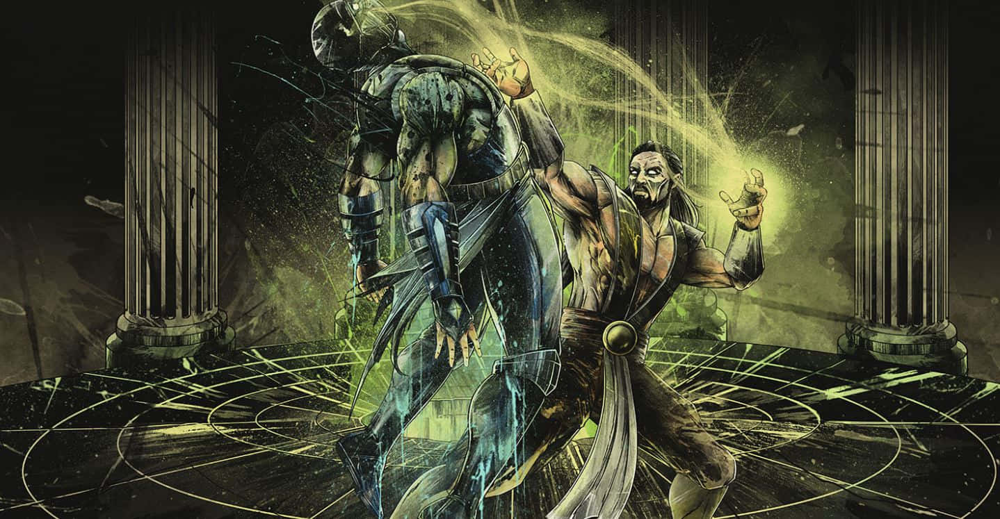 Mortal Kombat Shang Tsung 桌布 壁紙 — 兩名裝甲戰士在古老柱子之間發光的綠色競技場中碰撞，能量在他們周圍劈啪作響。
