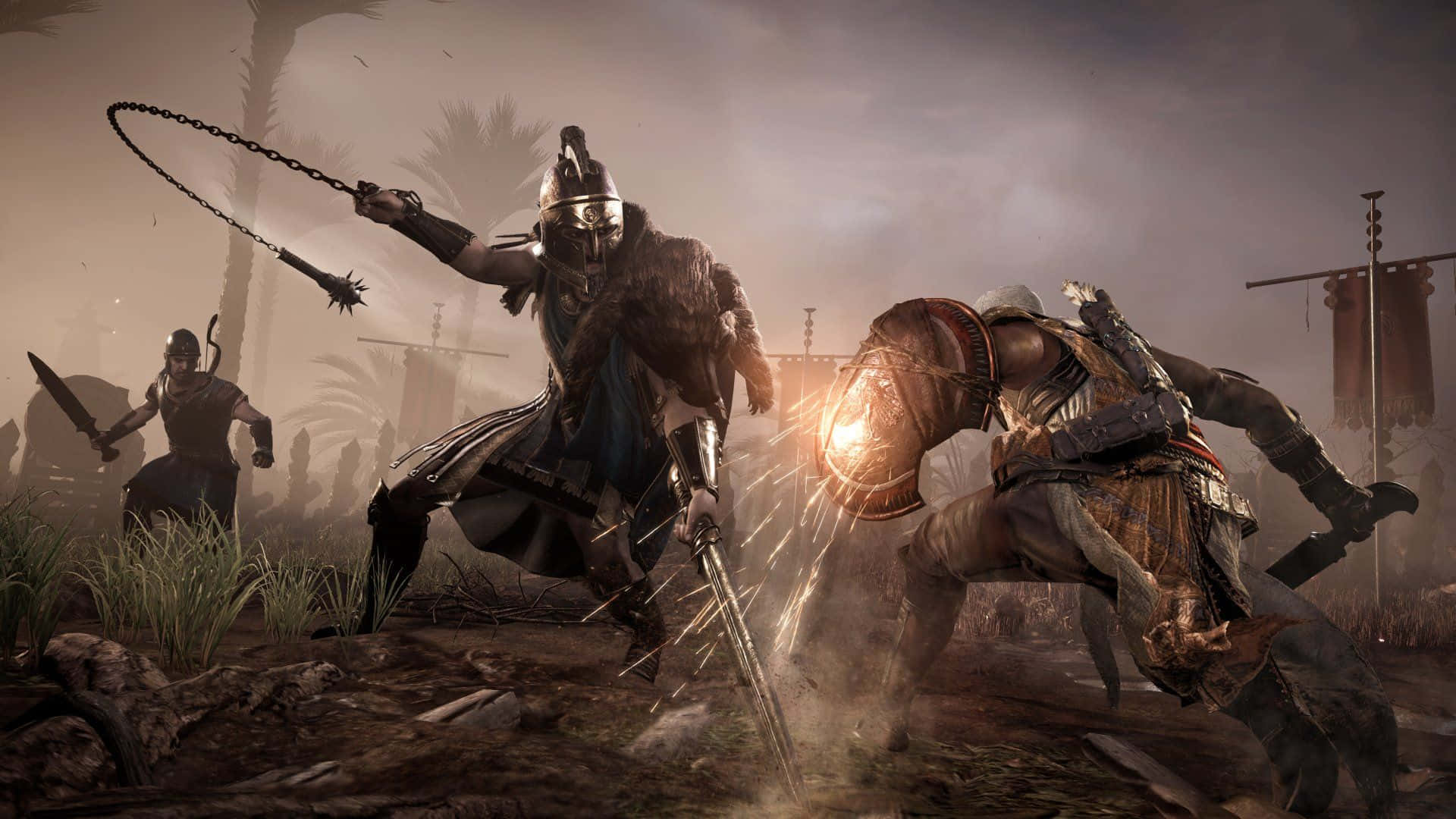 Bayek 桌布 壁紙 — 兩名裝甲戰士在塵土飛揚的戰場上交鋒，鏈條武器和盾牌在棕櫚樹和士兵之間迸發火花。