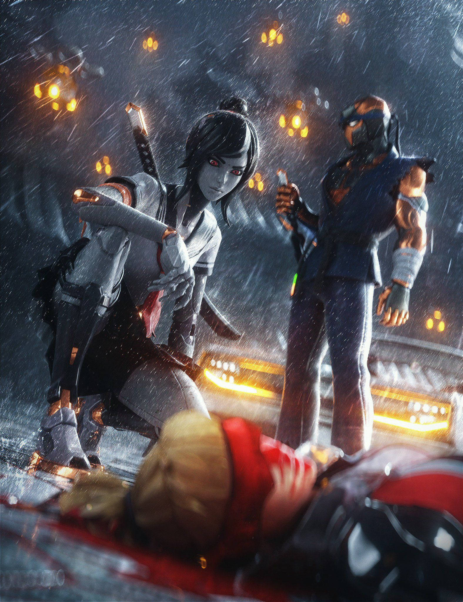 tsuki fortnite 桌布 壁紙 — 兩名裝甲戰士在夜晚站在被雨水浸透的城市小巷中，一人跪在倒下的同伴身旁，眼睛發光，武器已拔出。